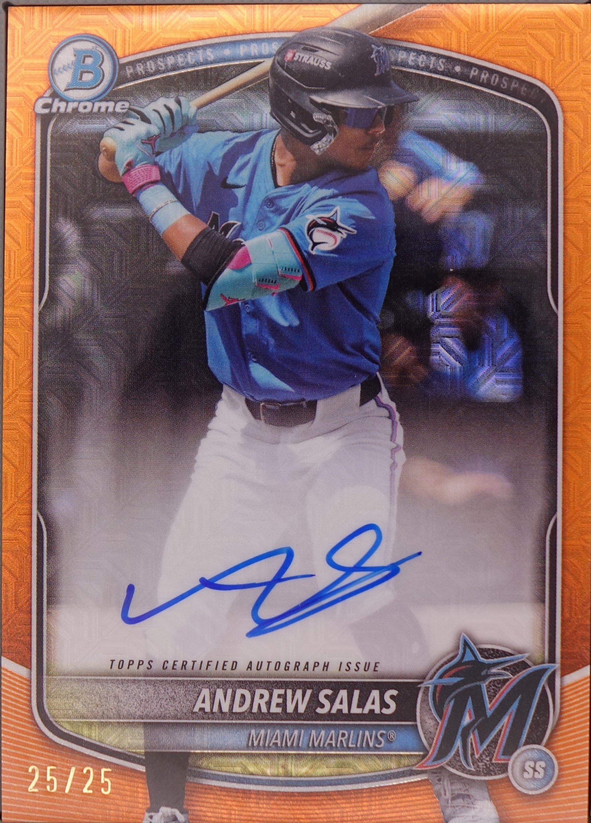 Topps 2025 Bowman Chrome Andrew Salas #BMA-AS RC Auto Orange /25 Book End