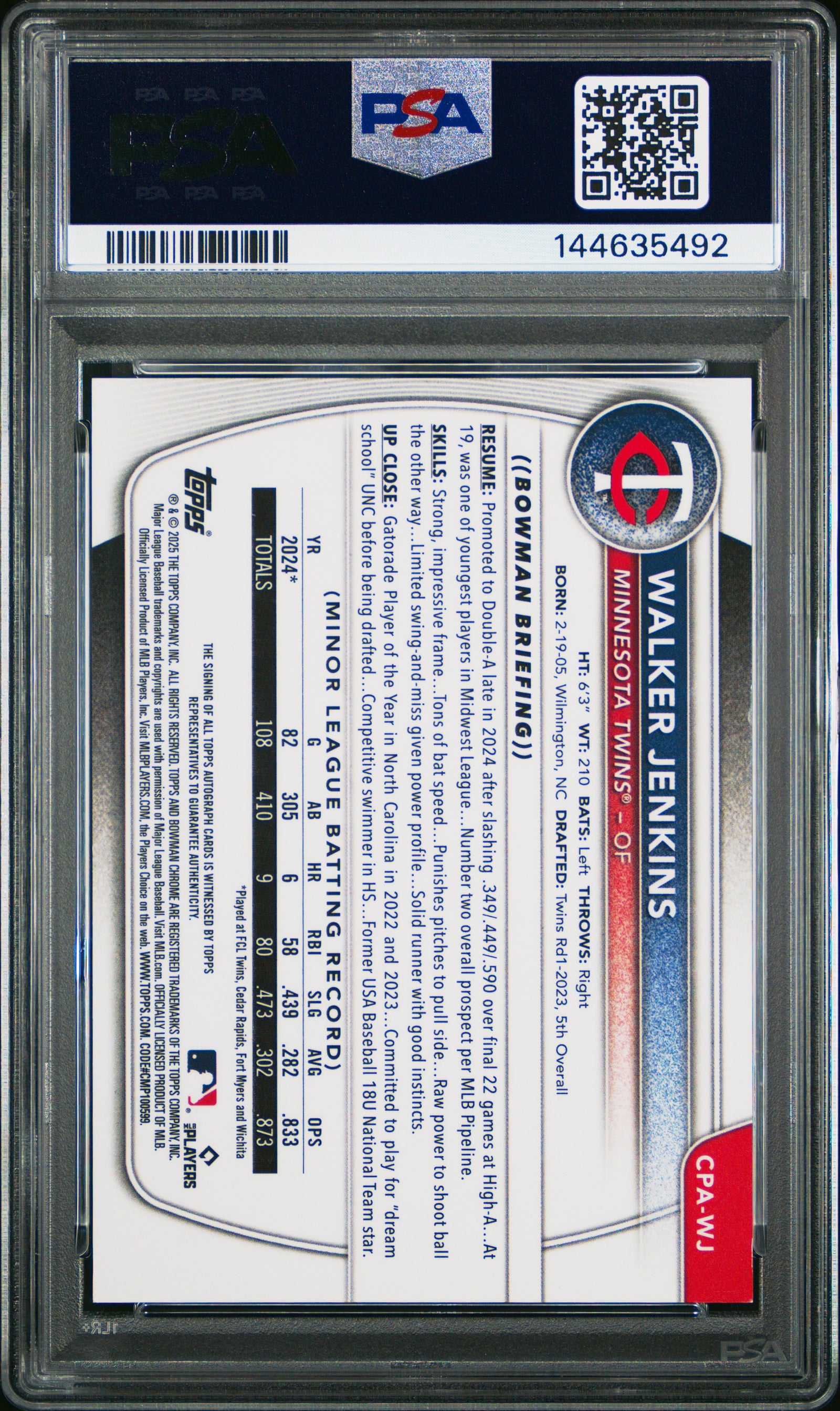 2025 Bowman Chrome Prospect Autographs Cpawj Walker Jenkins Purple Refractor PSA 9
