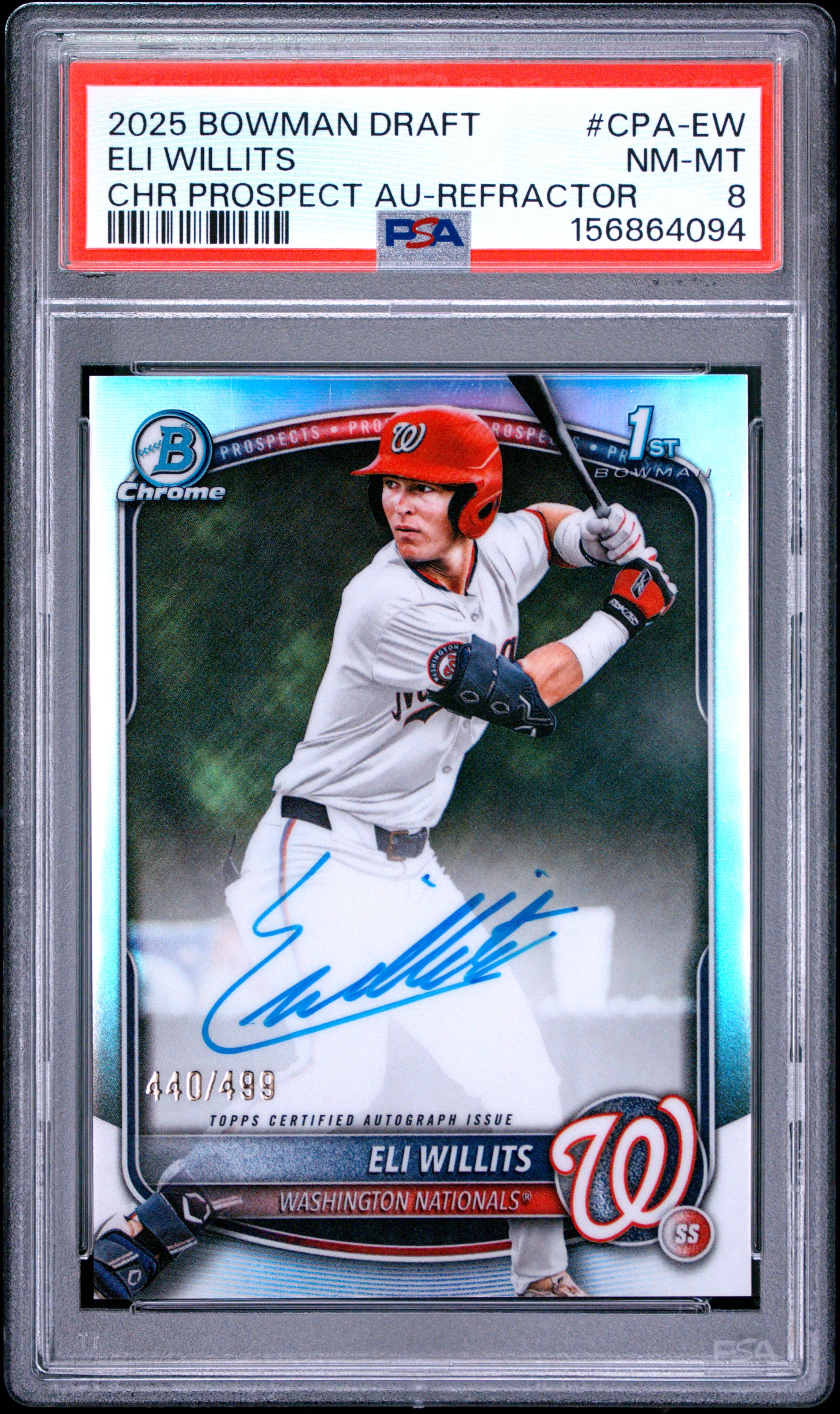 2025 BOWMAN DRAFT CHROME PROSPECT AUTOGRAPHS CPA-EW ELI WILLITS REFRACTOR PSA 8 - front