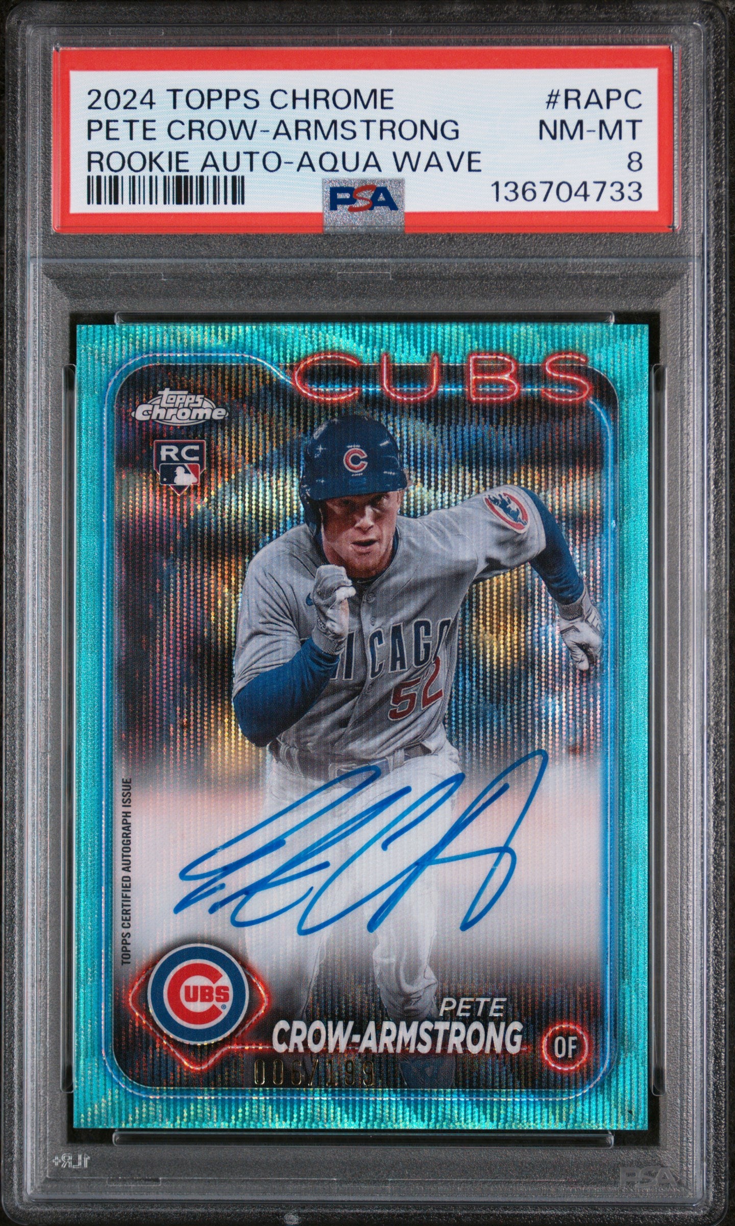 2024 Topps Chrome Rookie Autographs Rapc Pete Crow-Armstrong Aqua Wave PSA 8
