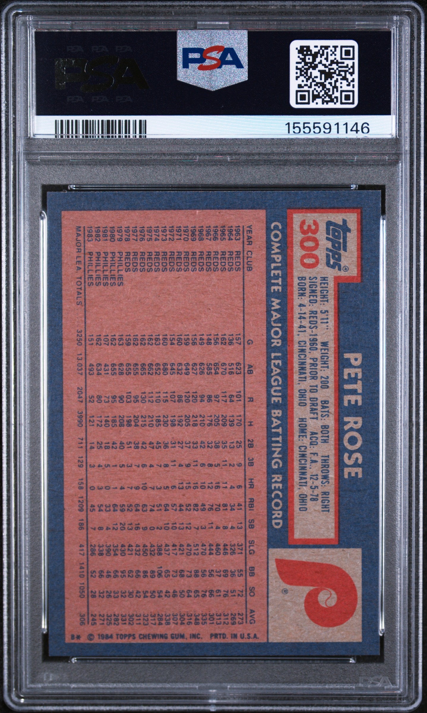1984 TOPPS 300 PETE ROSE PSA 9 - back
