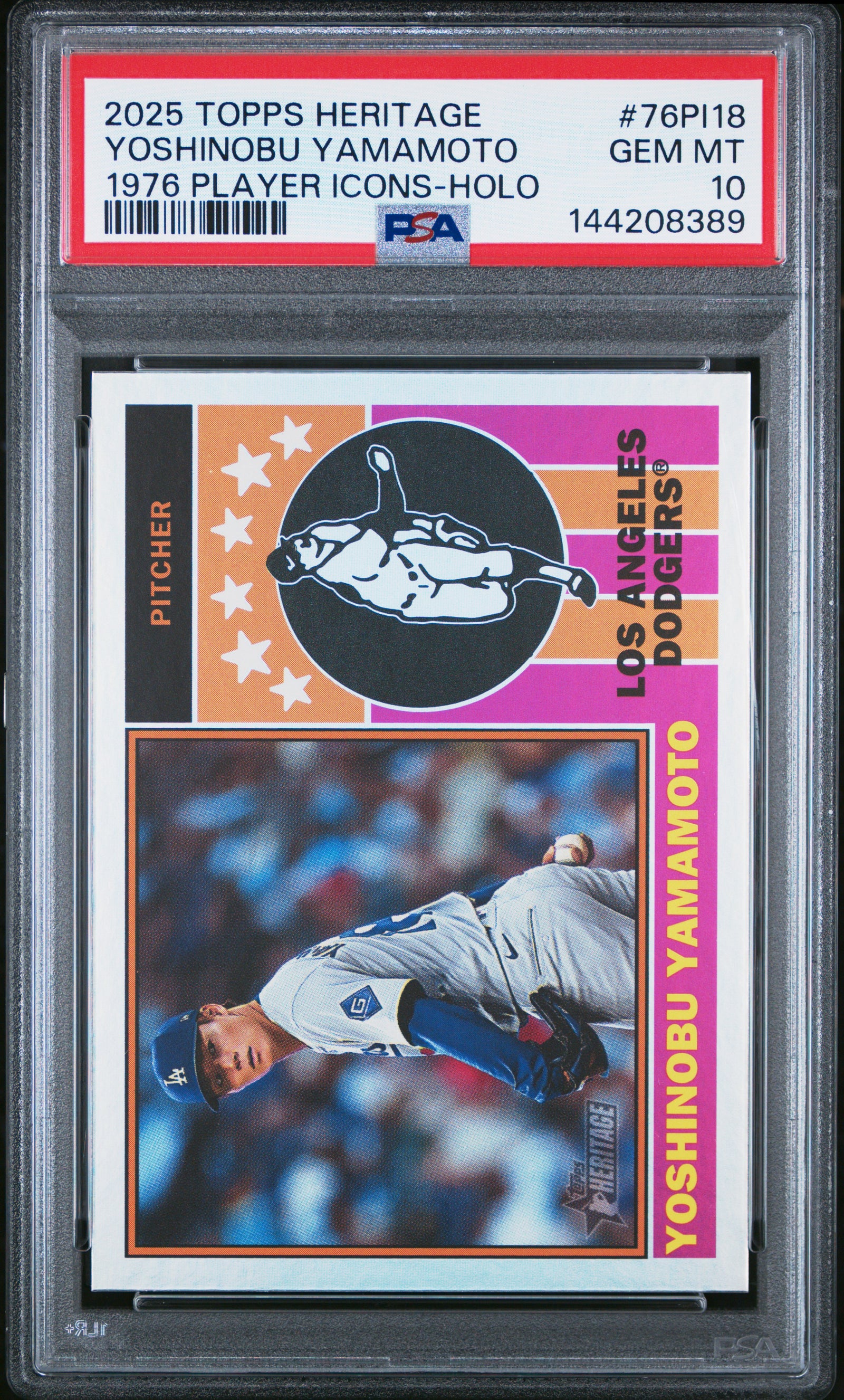 2025 Topps Heritage 1976 Player Icons 76Pi18 Yoshinobu Yamamoto Holographic PSA 10