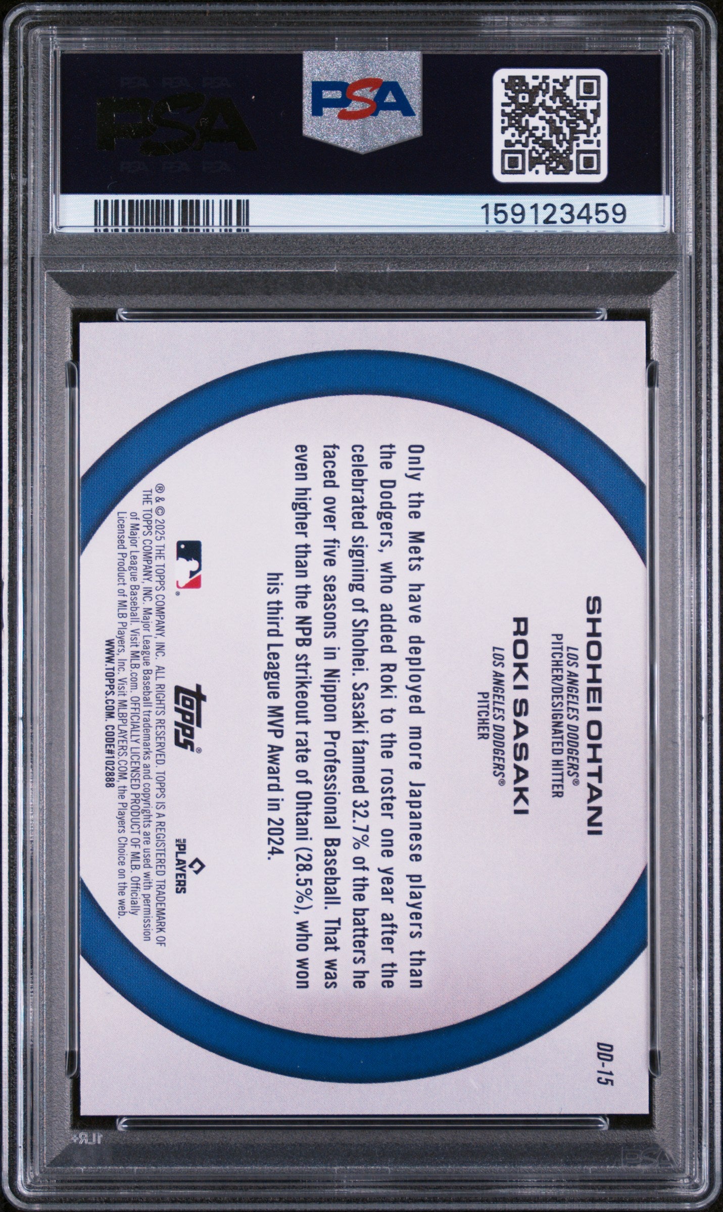2025 TOPPS DYNAMIC DUOS DD15 SHOHEI OHTANI/ROKI SASAKI PSA 9 - back
