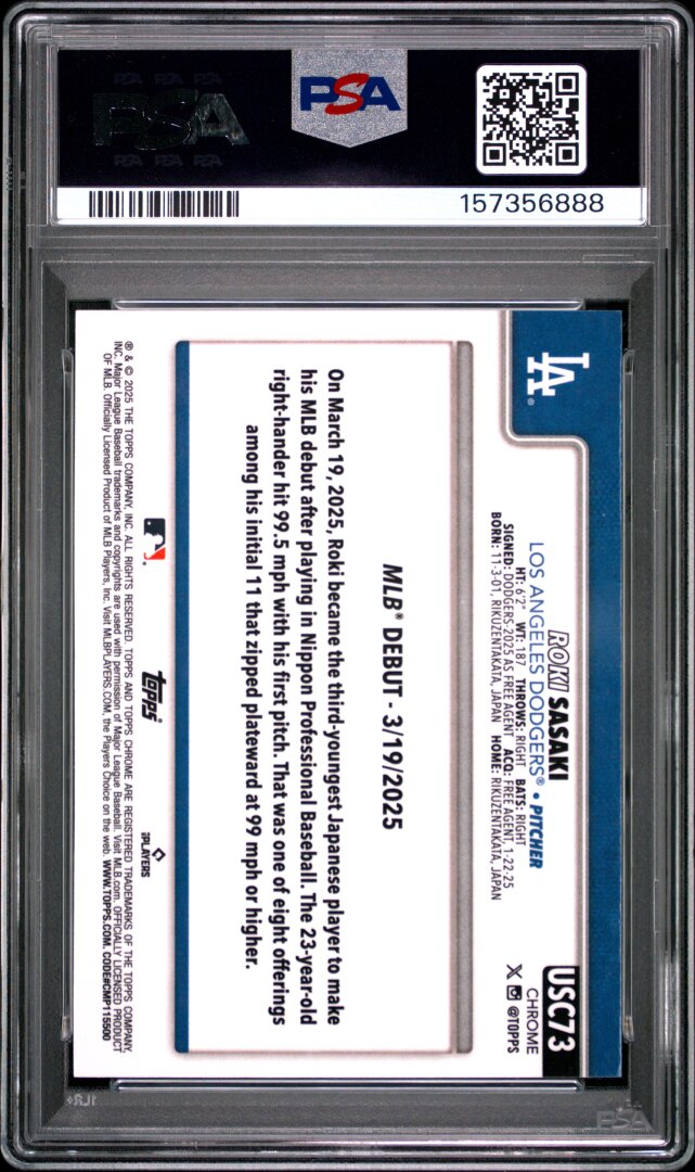 2025 Topps Chrome Update #73 Roki Sasaki Green Refractor /99 RC PSA 10