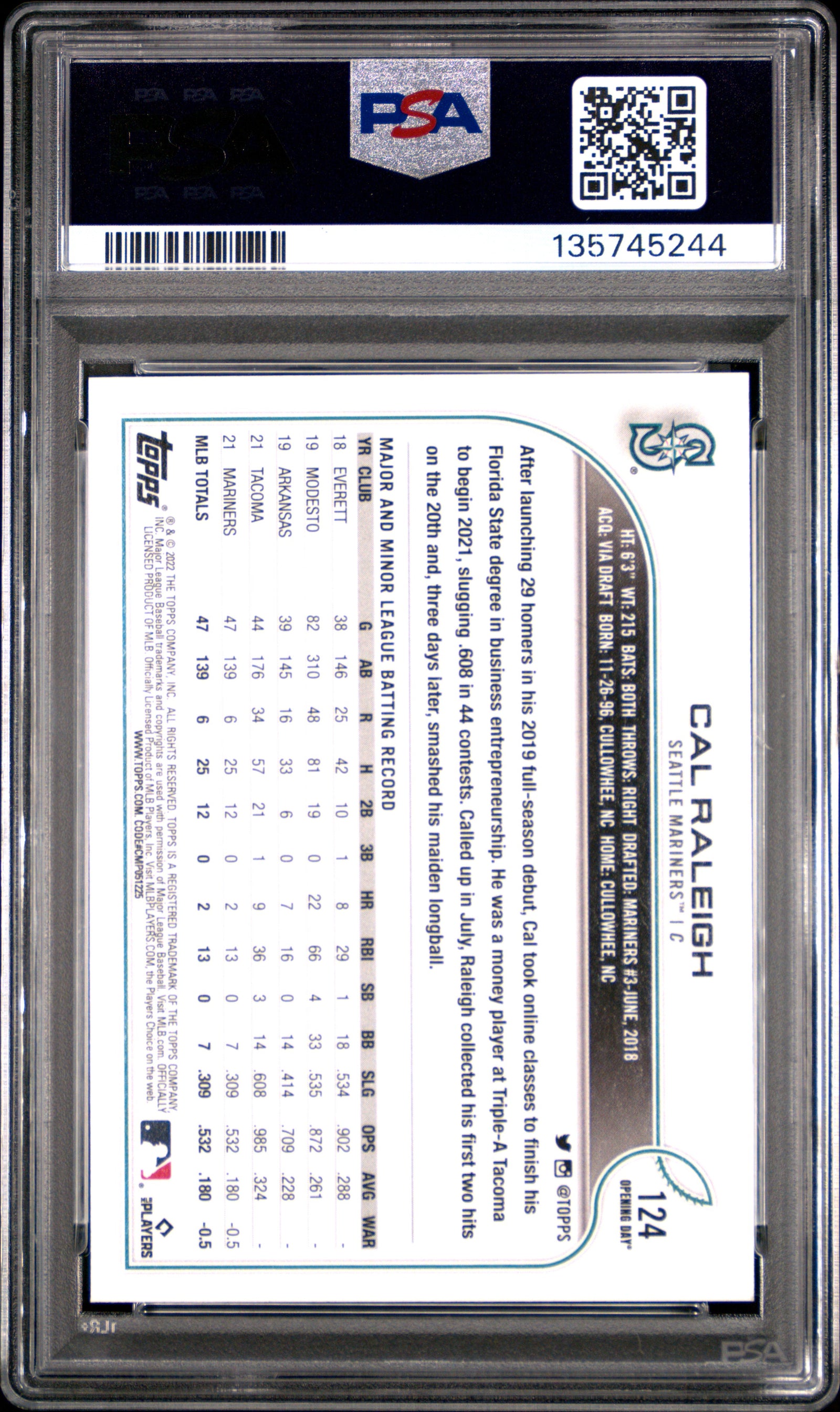 2022 Topps Opening Day 124 Cal Raleigh PSA 10