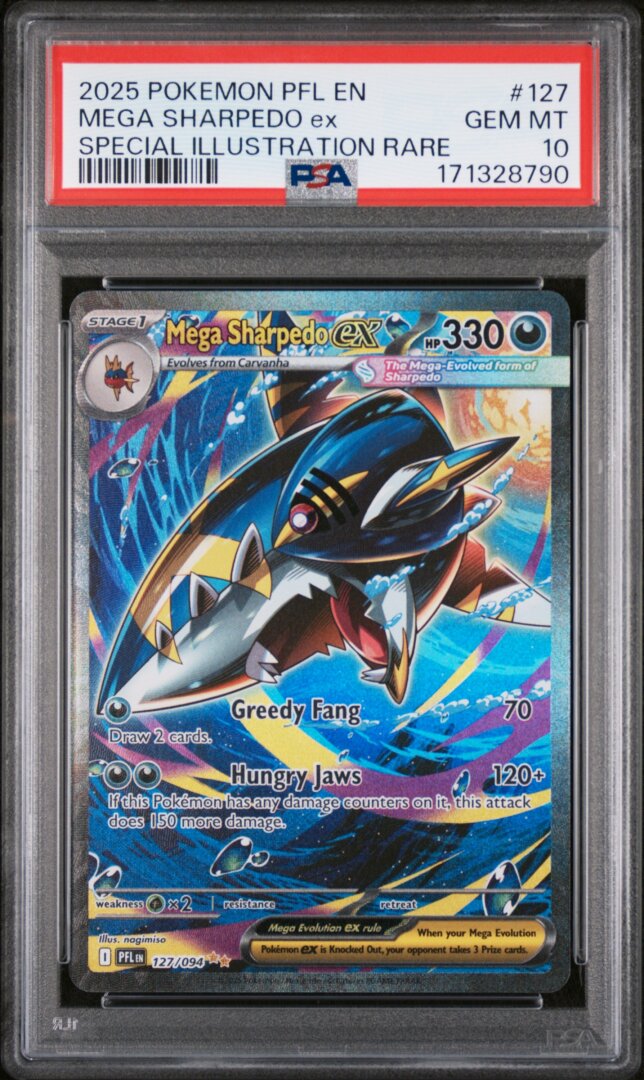 2025 Pokemon #127 Phantasmal Flames Mega Sharpedo Ex SIR PSA 10