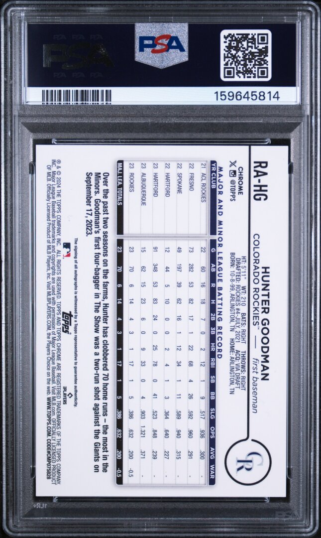 2024 Topps Chrome Hunter Goodman RC Auto Purple Speckle Refractor PSA 10