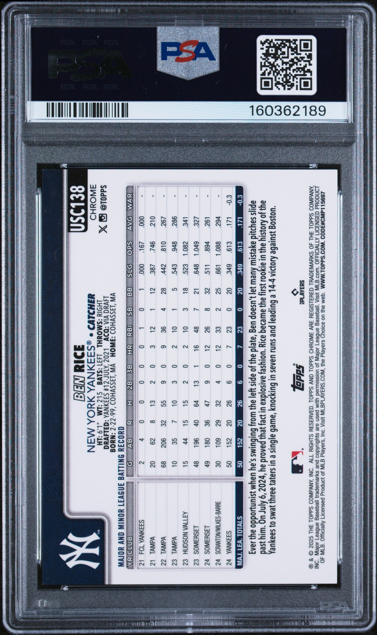 2025 TOPPS CHROME UPDATE 138 BEN RICE IMAGE VARIATION PSA 9 - back