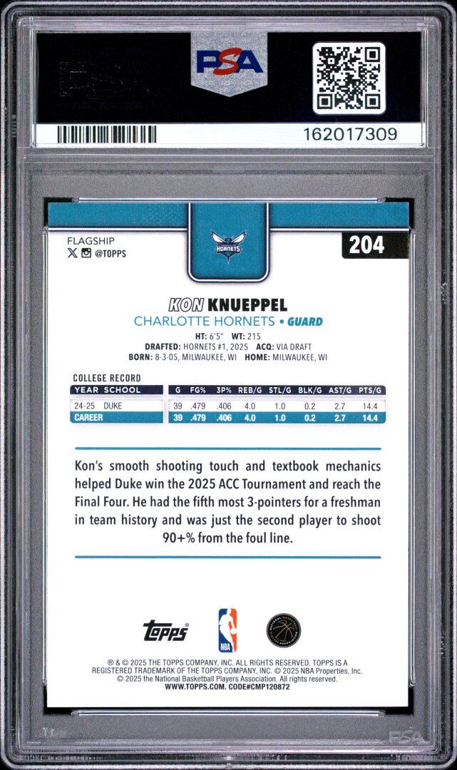 2025 Topps Kon Knueppel RC PSA 8 #204