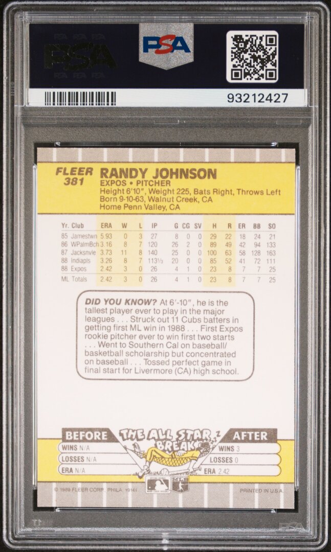 1989 Fleer #381 Randy Johnson Ad Partially Obscured PSA 9