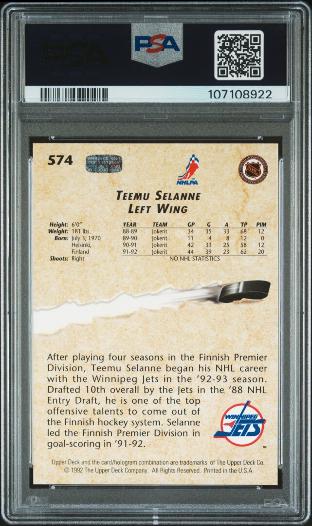 1992 Upper Deck #574 Teemu Selanne RC Young Guns PSA 8