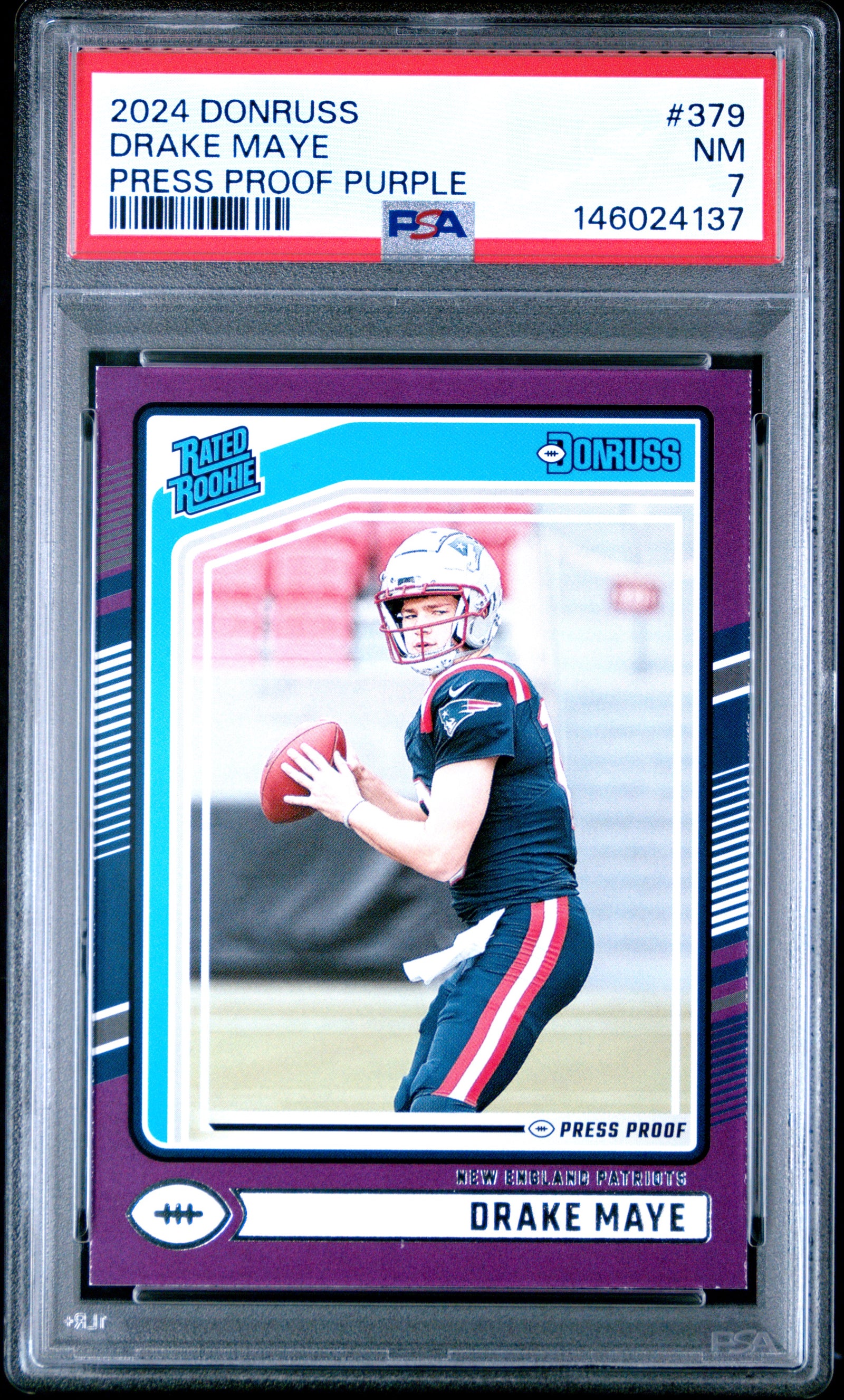 2024 Panini Donruss 379 Drake Maye Press Proof Purple PSA 7