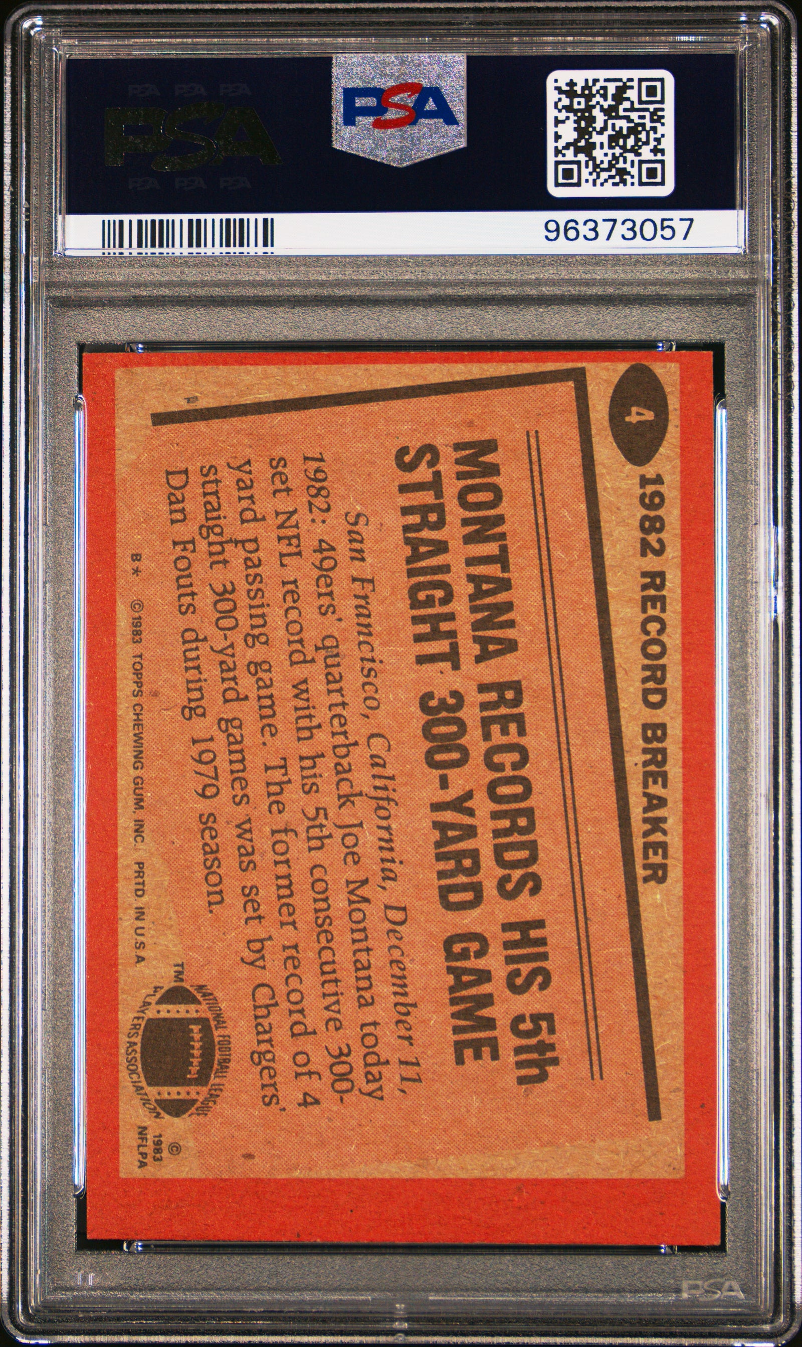 1983 TOPPS 4 JOE MONTANA RECORD BREAKER PSA 7 - back