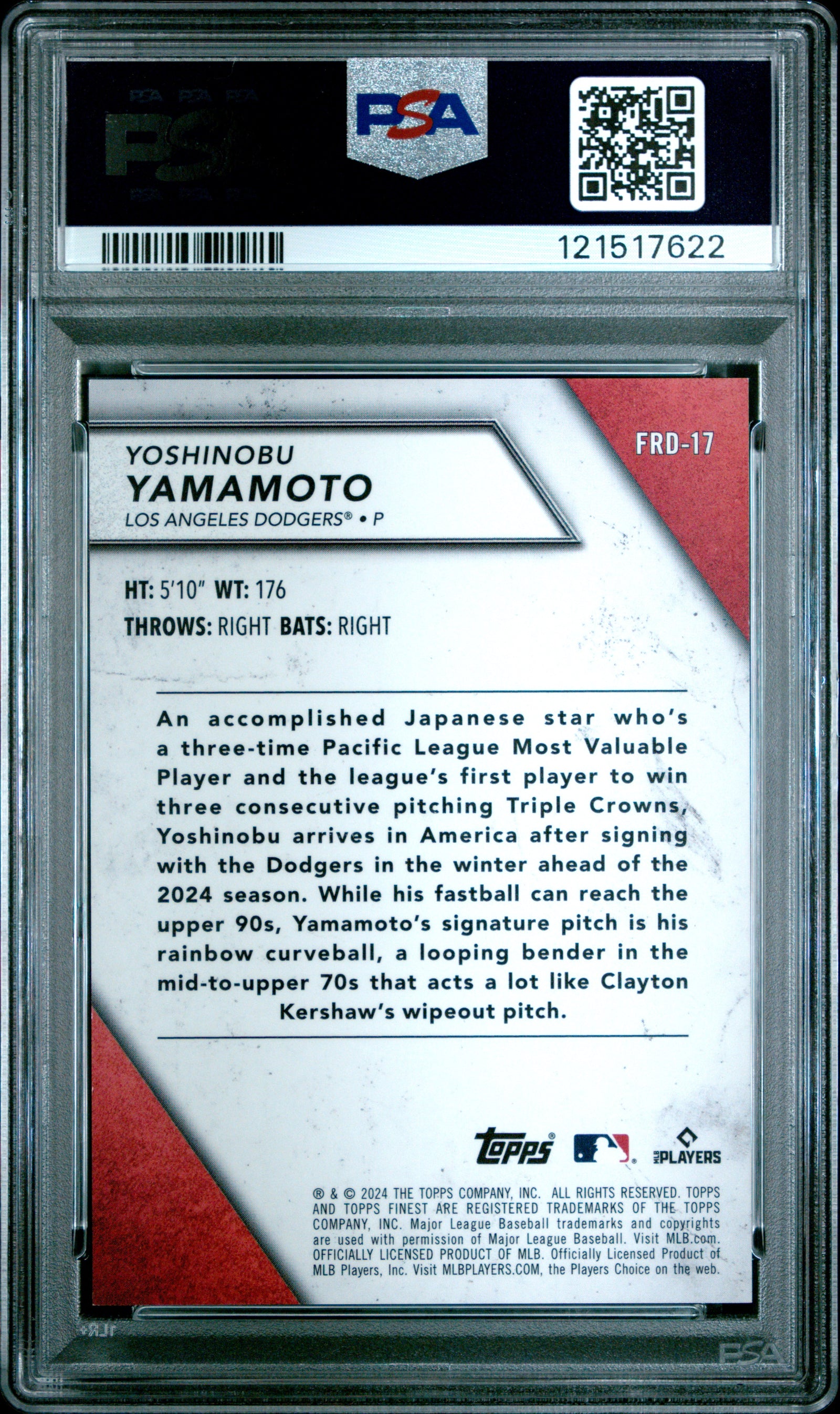 2024 Topps Finest Yoshinobu Yamamoto Rookie Design Variation FRD17 Blue Refractor PSA 9