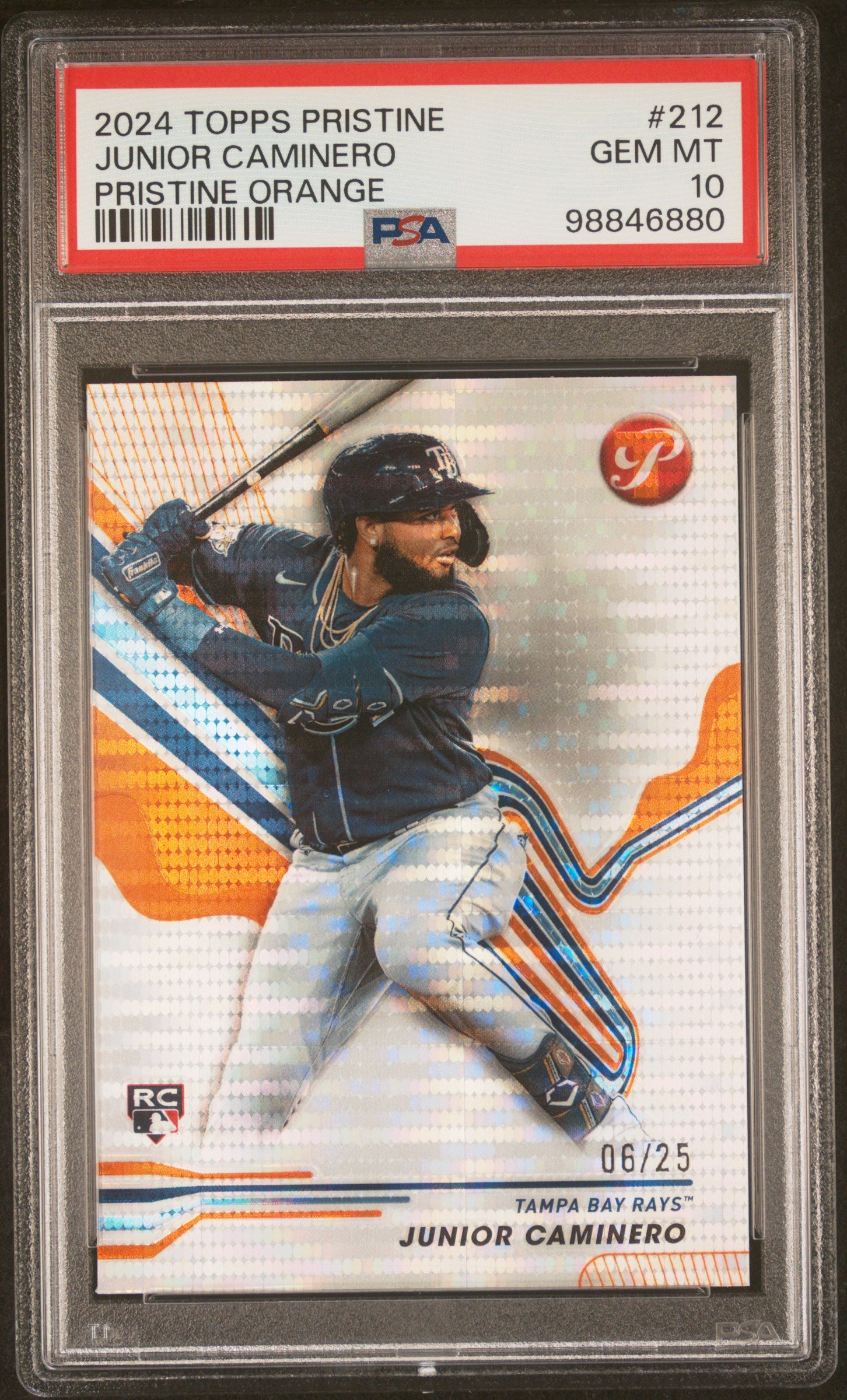 2024 TOPPS PRISTINE 212 JUNIOR CAMINERO PRISTINE ORANGE PSA 10 - front