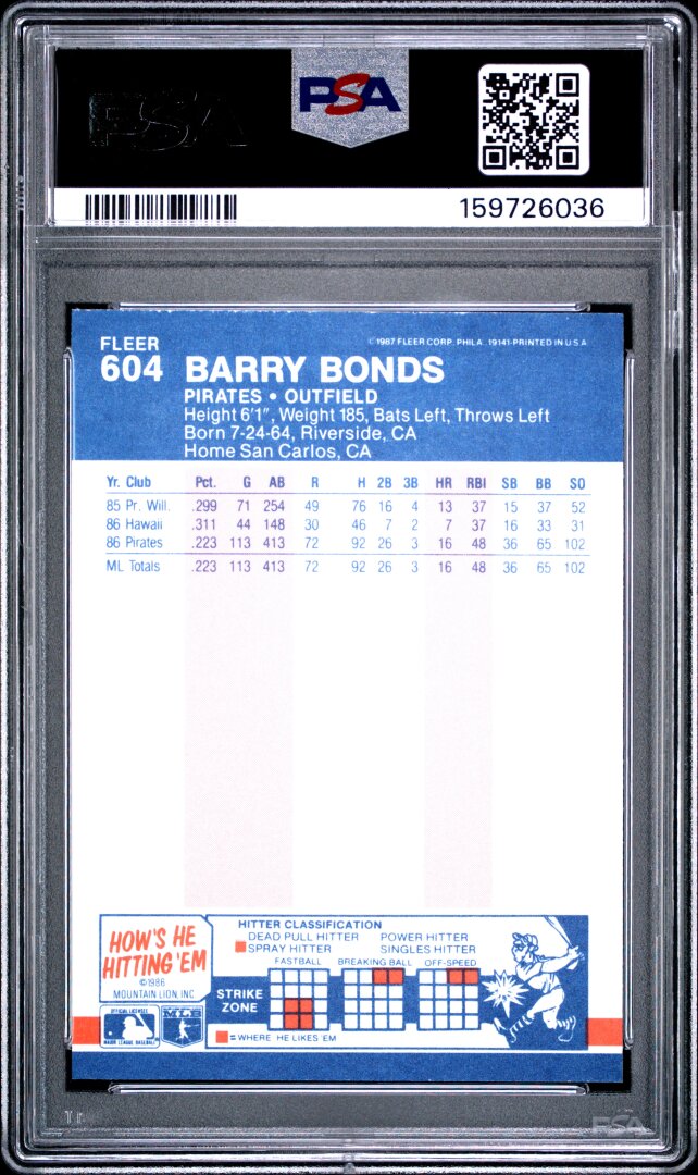 1987 Fleer Glossy #604 Barry Bonds RC PSA 8