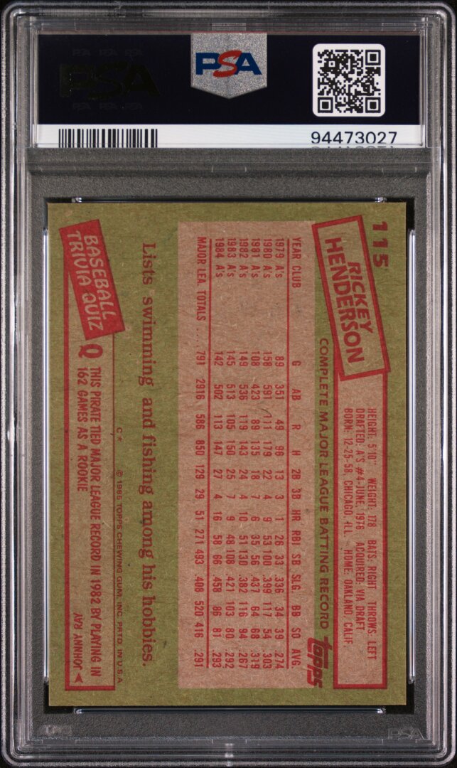 1985 Topps Rickey Henderson PSA 8 #115