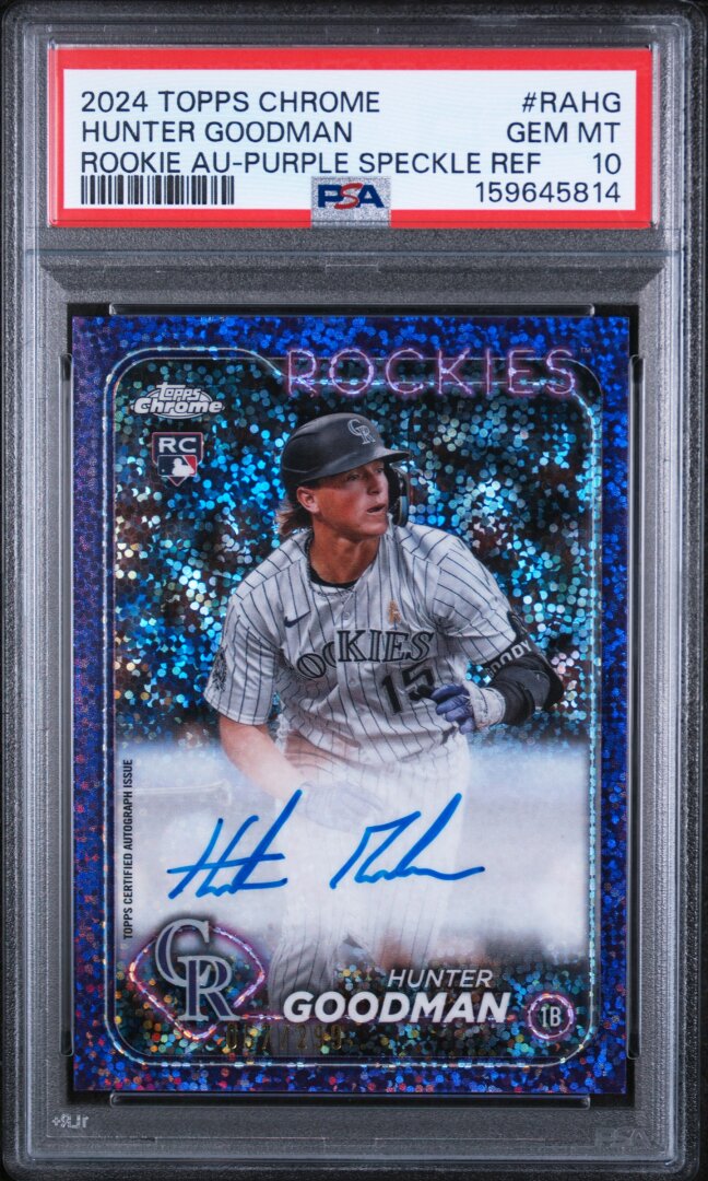2024 Topps Chrome Hunter Goodman RC Auto Purple Speckle Refractor PSA 10