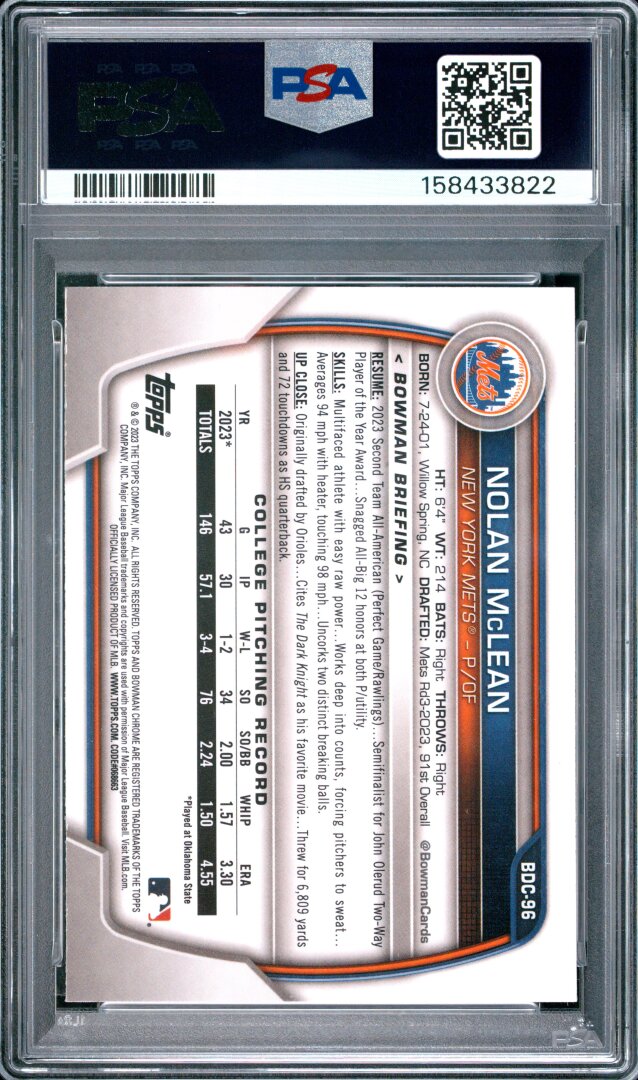 2023 Bowman Draft Nolan McLean Chrome PSA 10 #BDC96