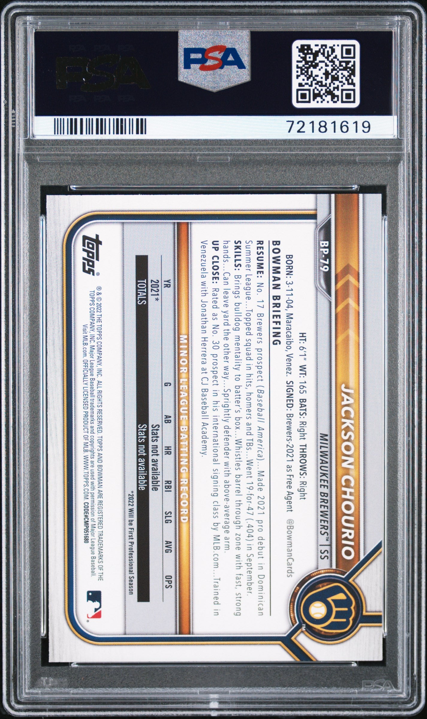 2022 Bowman Paper Prospects Bp79 Jackson Chourio PSA 10
