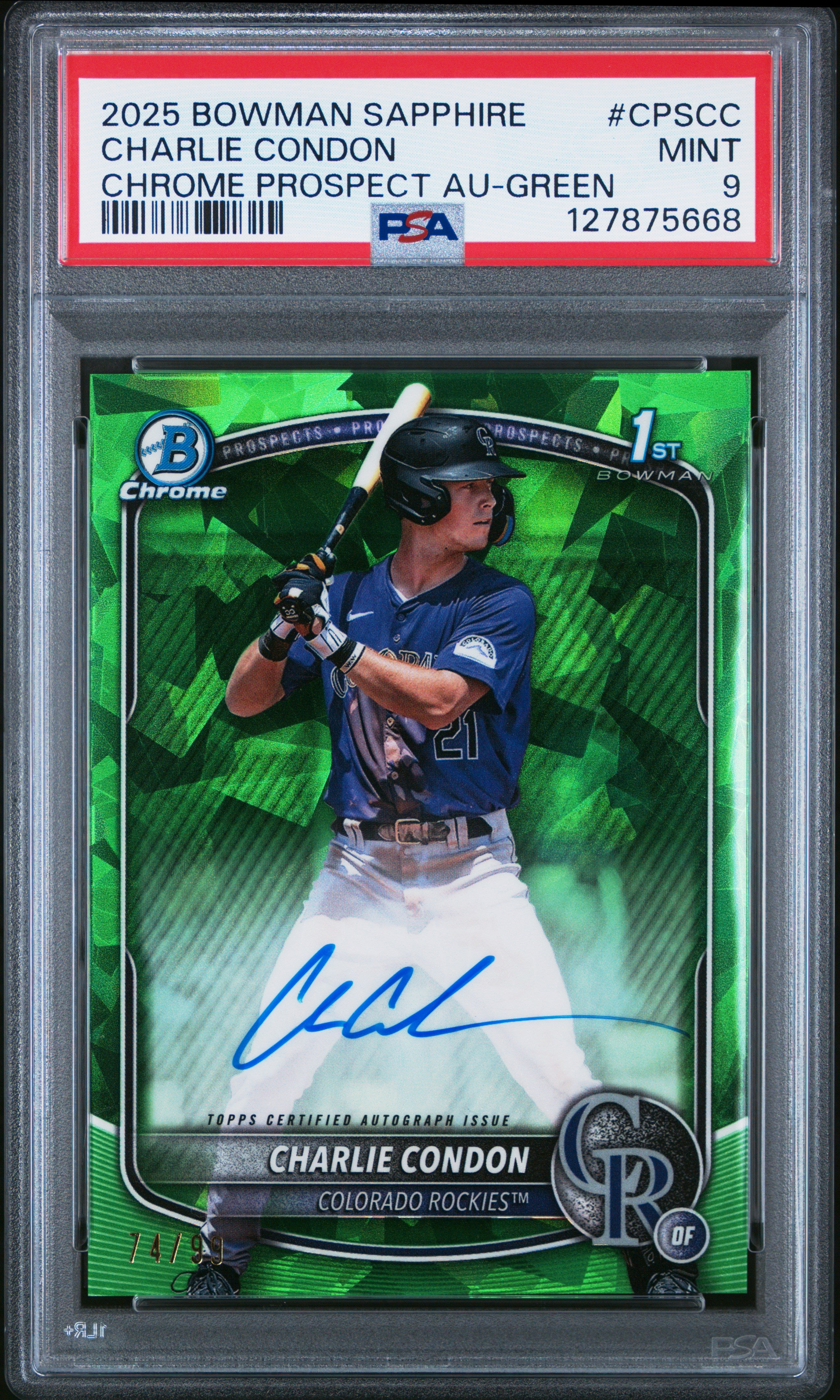 2025 BOWMAN SAPPHIRE EDITION CHROME PROSPECTS SAPPHIRE AUTOGRAPHS CPSCC CHARLIE CONDON GREEN PSA 9 - front