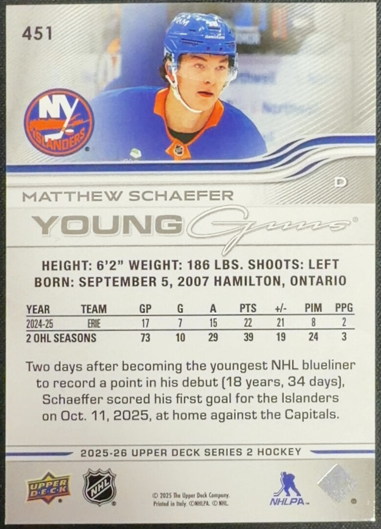 2025-26 Upper Deck Series 2 Matthew Schaefer Young Guns #451 (RC)