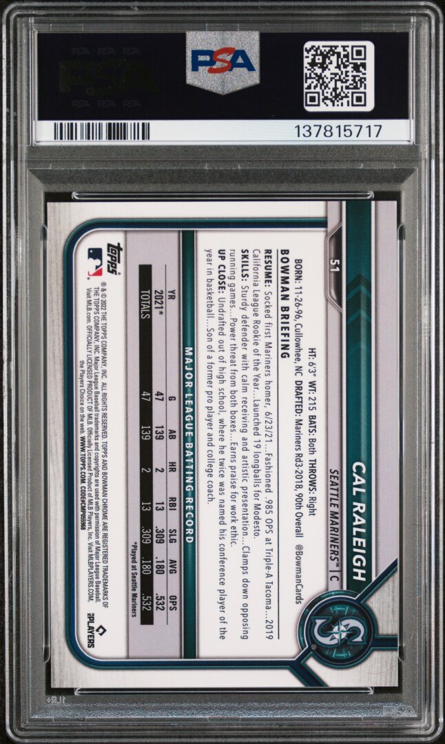 2022 Bowman Chrome X Cal Raleigh RC PSA 9 #51