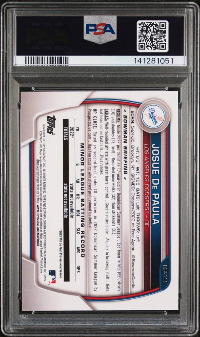 2023 Bowman Chrome Prospects Josue De Paula  #BCP111 Chrome Atomic PSA 10