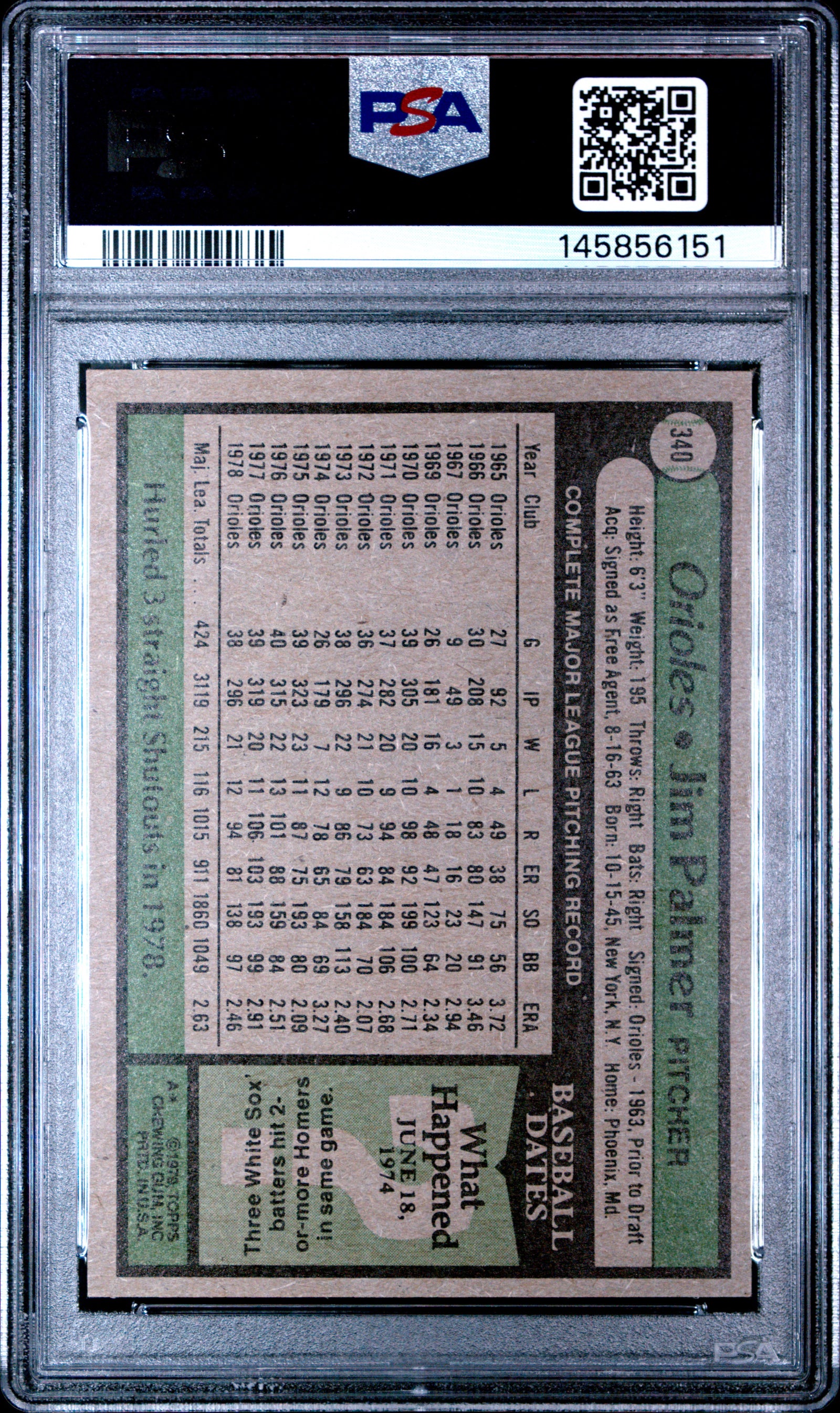 1979 Topps 340 Jim Palmer PSA 8