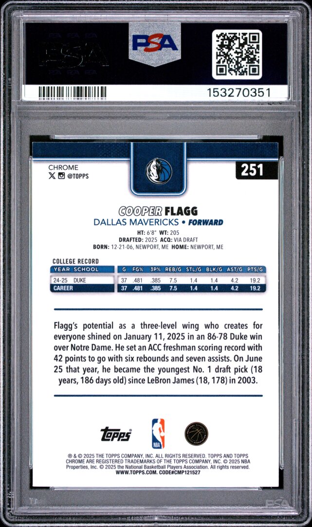 2025 Topps Chrome Cooper Flagg PSA 10 #251