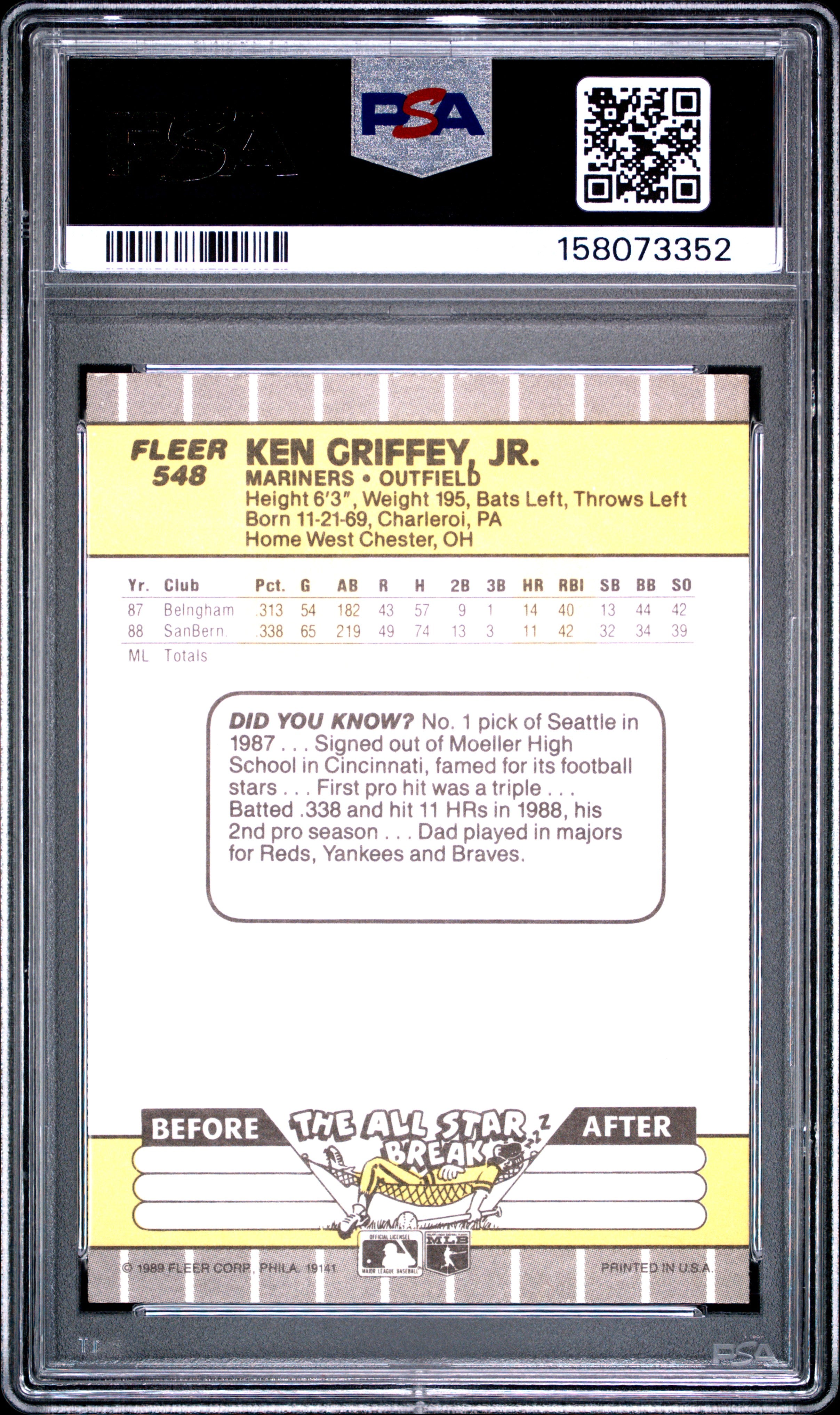 1989 FLEER 548 KEN GRIFFEY JR. PSA 7 - back