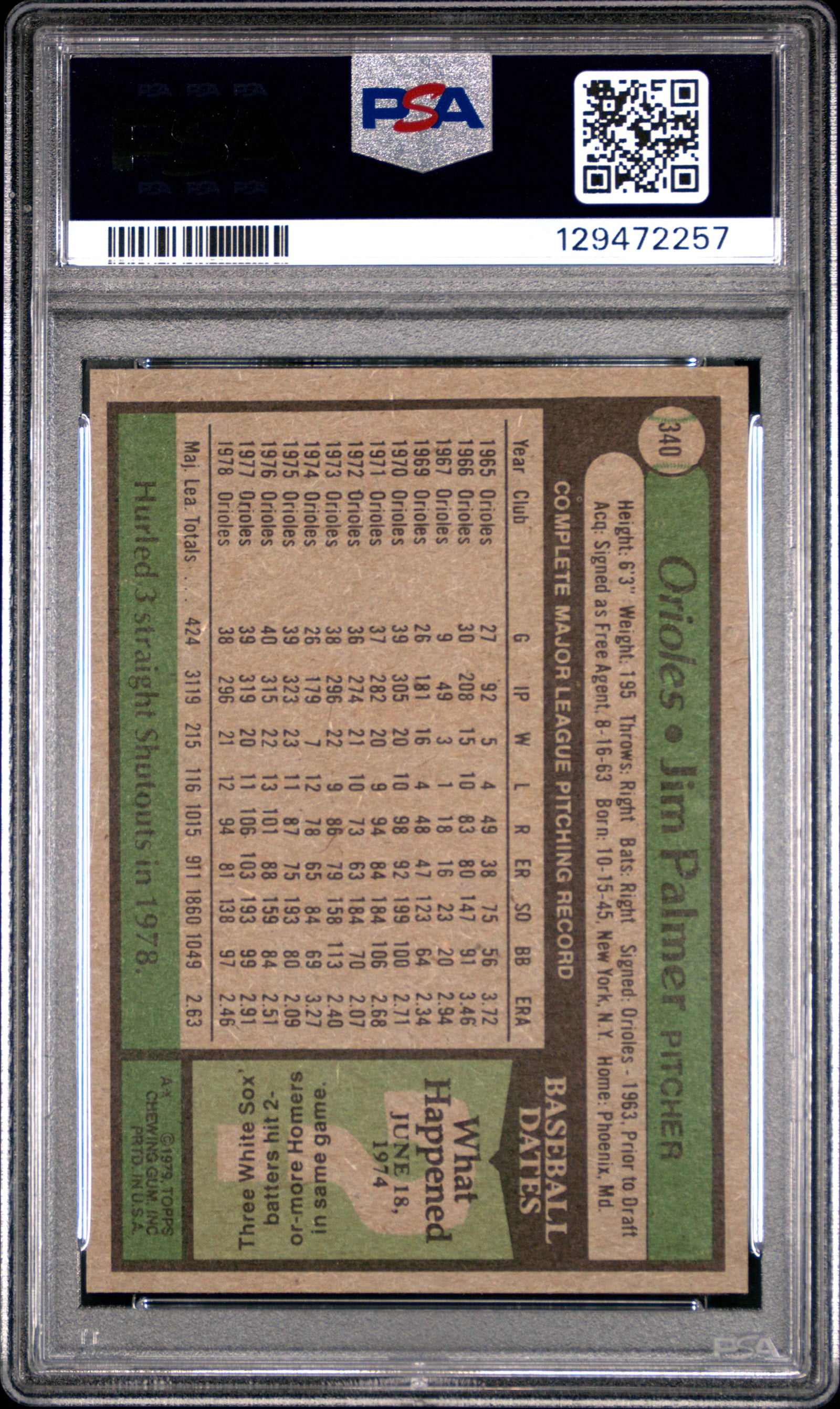 1979 Topps #340 Jim Palmer  PSA 7