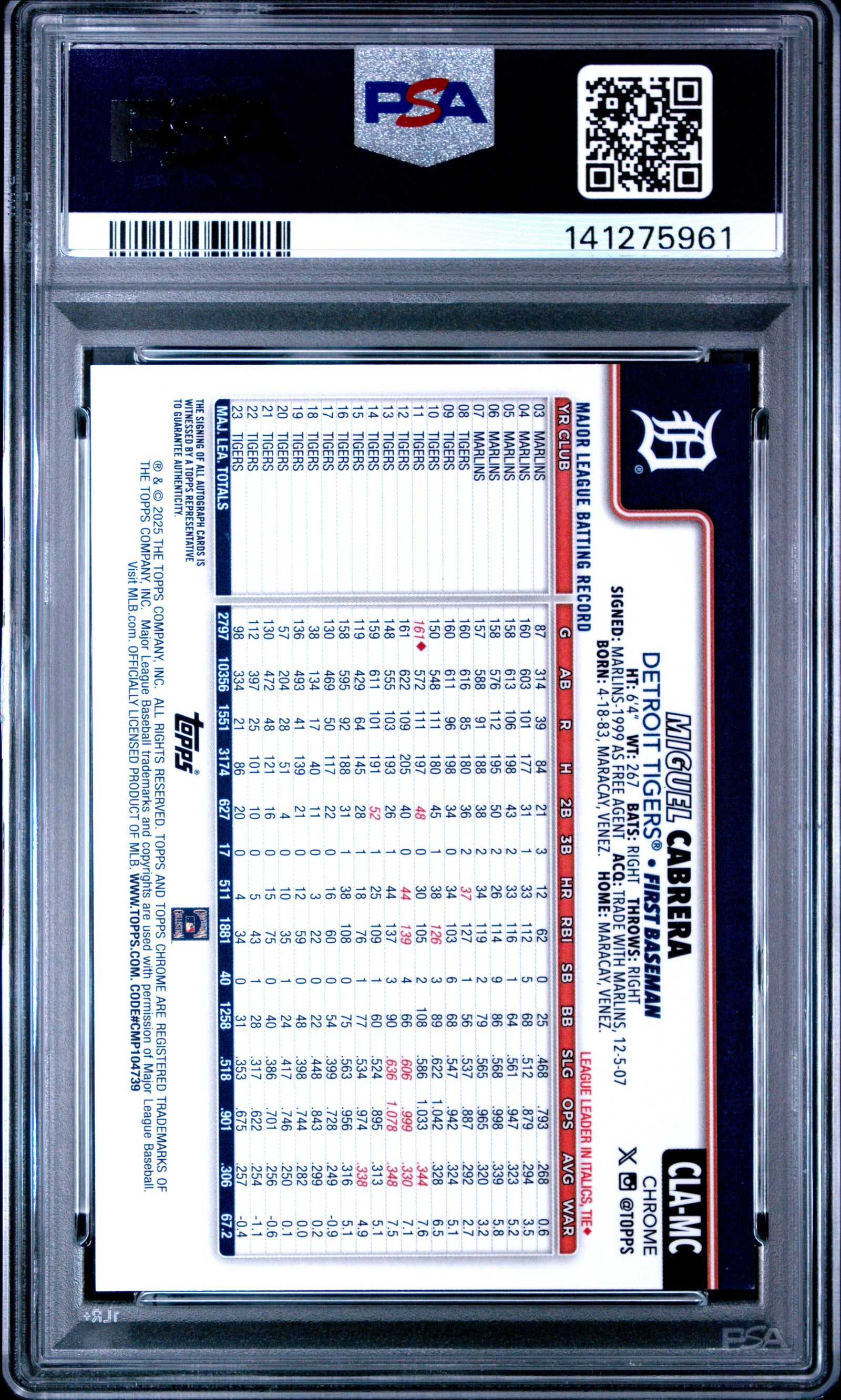 2025 Topps Chrome Miguel Cabrera Legend Autographs PSA 9