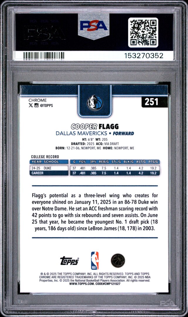 2025 Topps Chrome Cooper Flagg PSA 10 #251