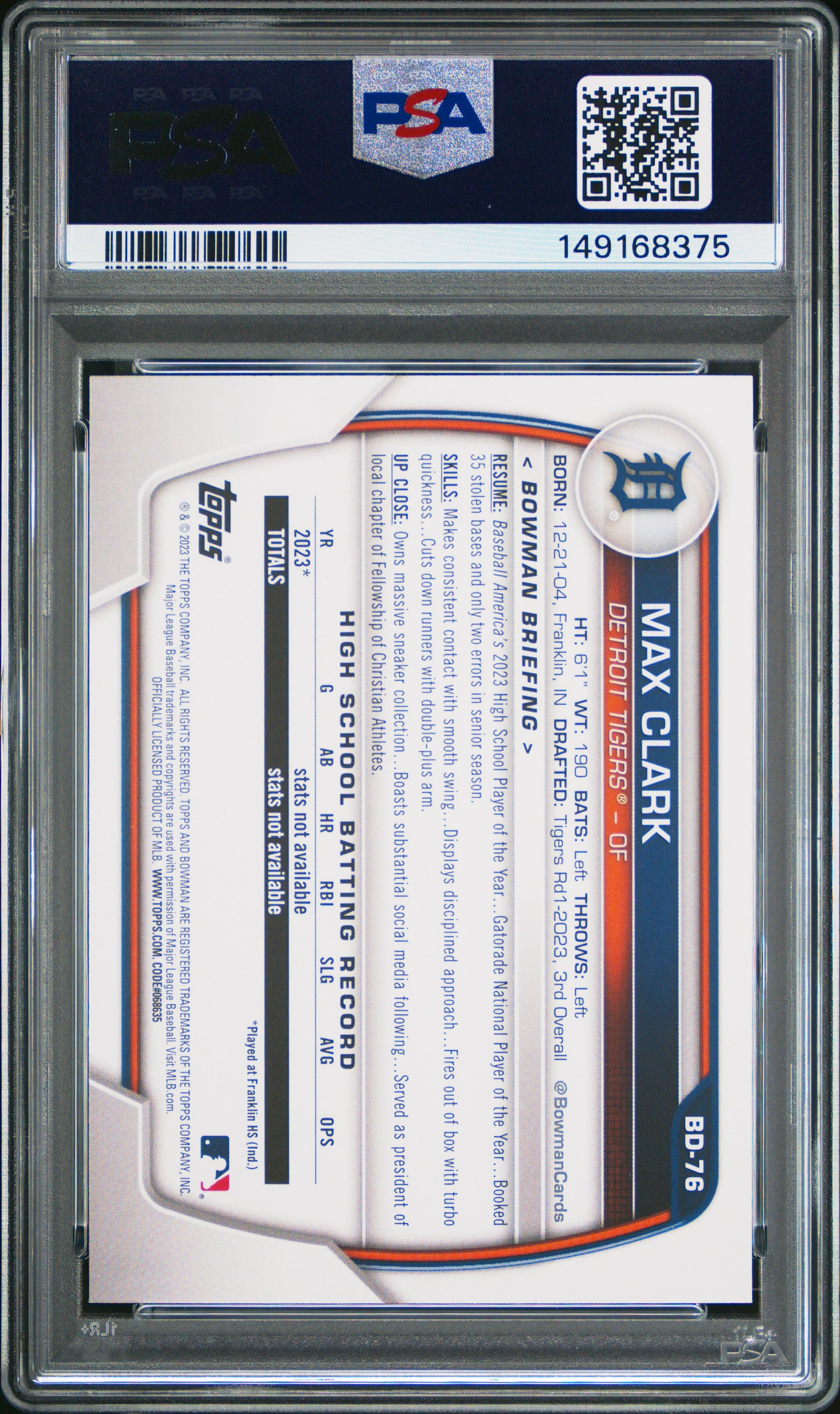 2023 Bowman Draft Bd76 Max Clark Sky Blue PSA 9
