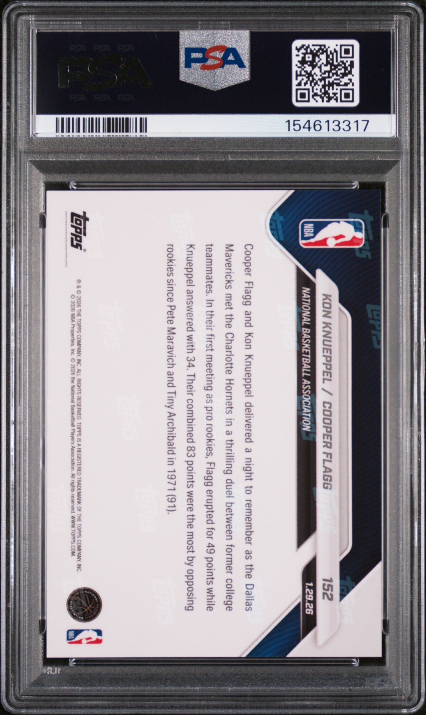 2025 TOPPS NOW 152 COOPER FLAGG/KON KNUEPPEL PSA 10 - back