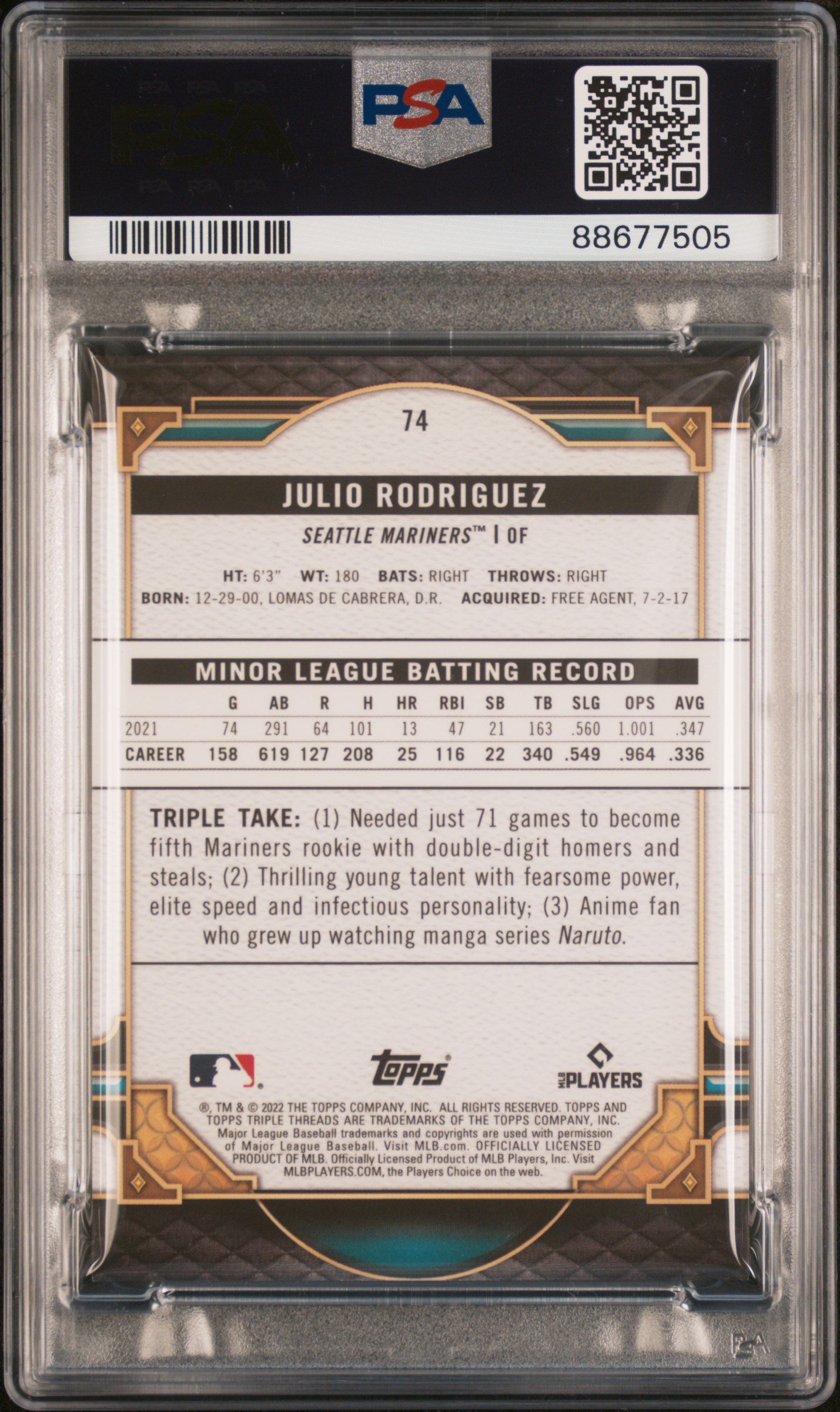 2022 Topps Triple Threads Julio Rodriguez Amethyst PSA 8