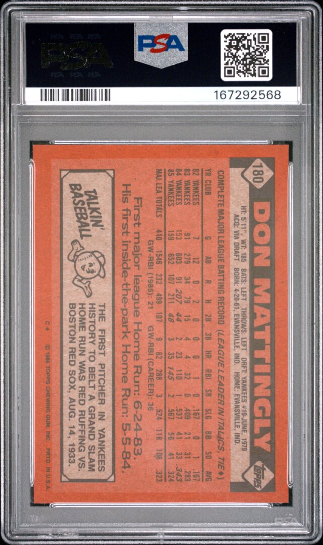 1986 Topps #180 Don Mattingly PSA 9