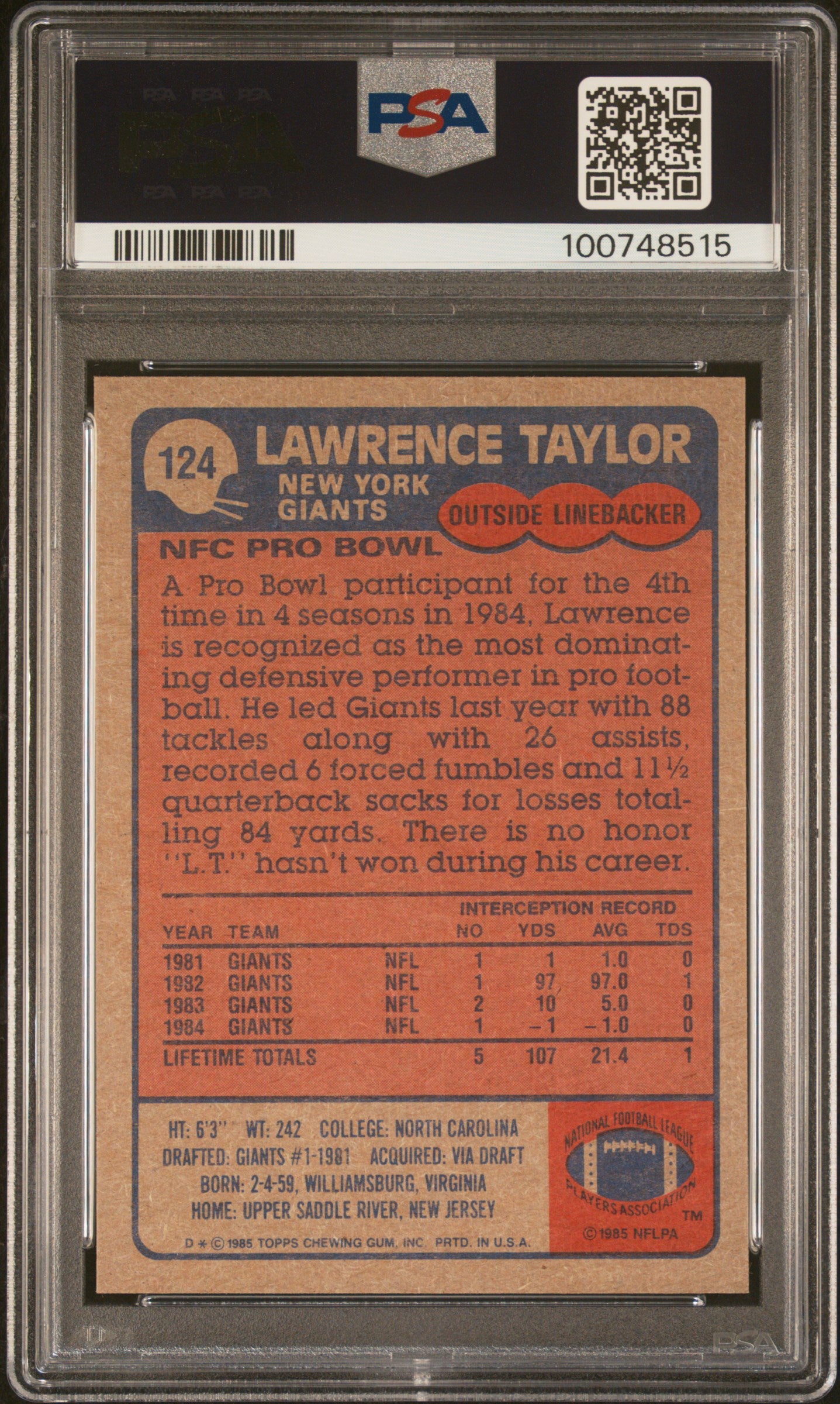 1985 TOPPS 124 LAWRENCE TAYLOR ALL PRO PSA 7 - back