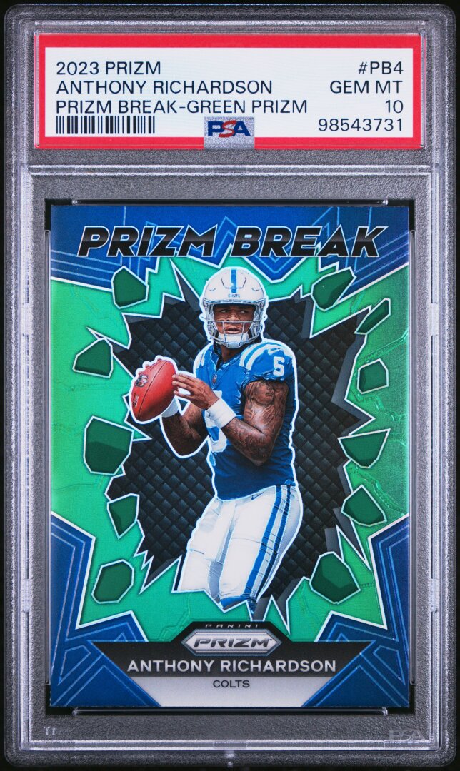 2023 Panini Prizm #PB4 Anthony Richardson Prizm Break Green Prizm PSA 10