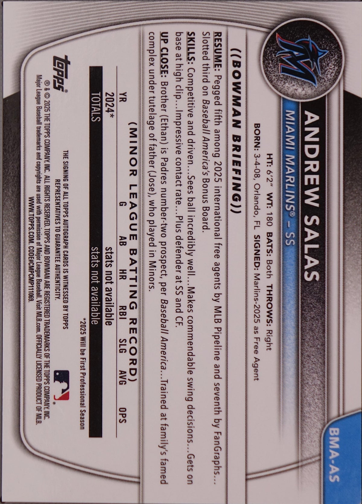 Topps 2025 Bowman Chrome Andrew Salas #BMA-AS RC Auto Orange /25 Book End