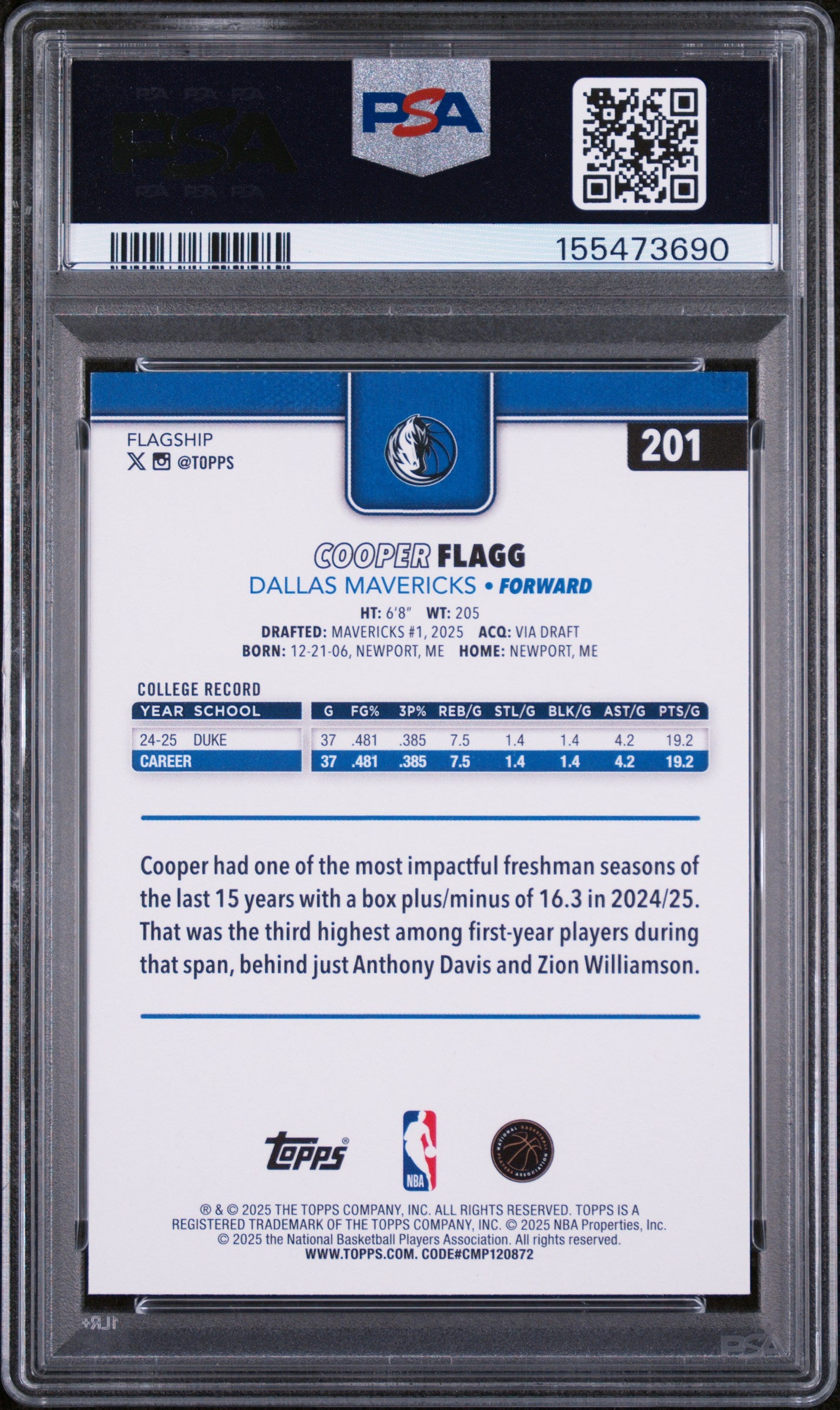 2025 TOPPS 201 COOPER FLAGG PSA 9 - back