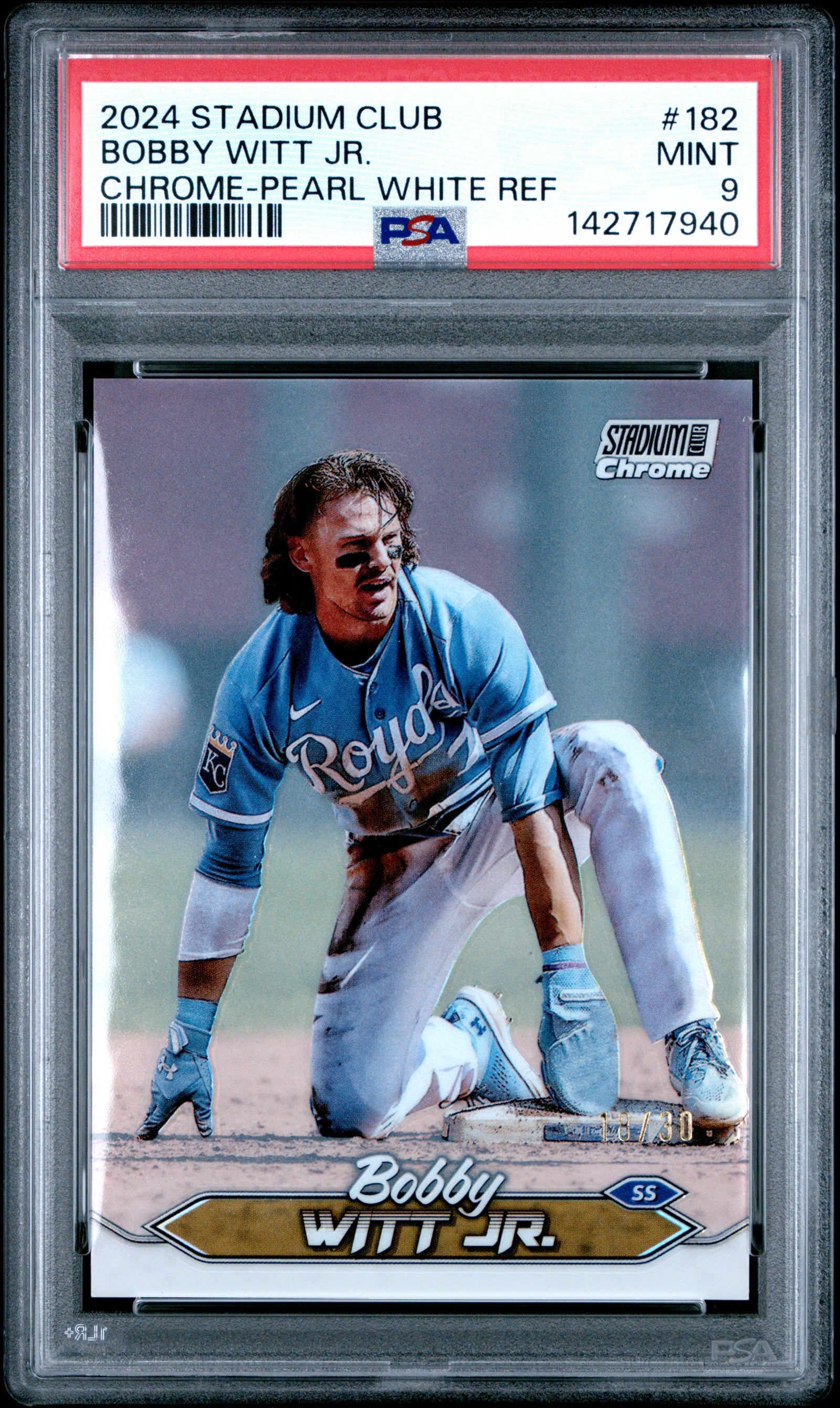 2024 Topps Stadium Club 182 Bobby Witt Jr. Chrome-Pearl White Refractor PSA 9