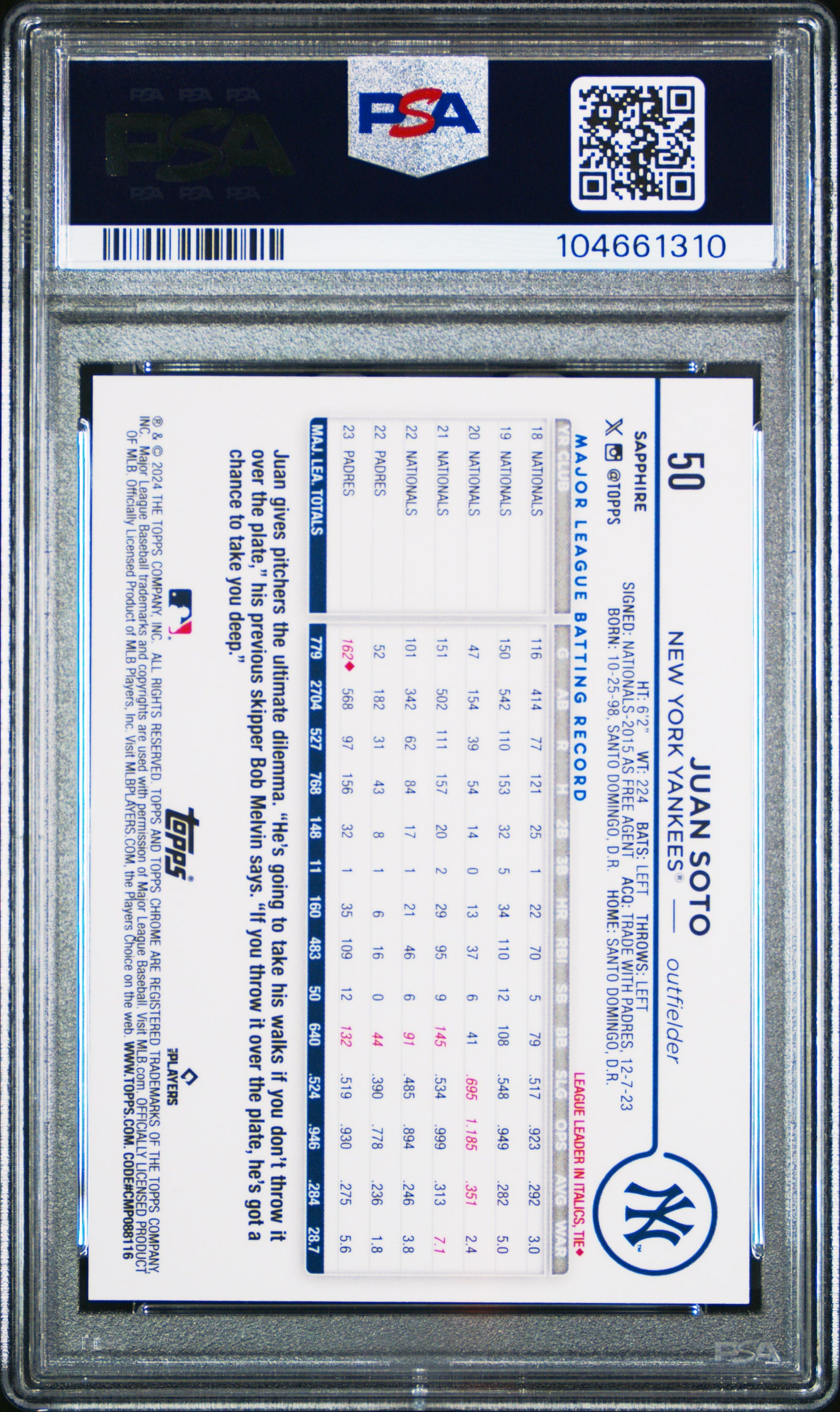 2024 Topps Chrome Sapphire 50 Juan Soto Sp-Gold PSA 9