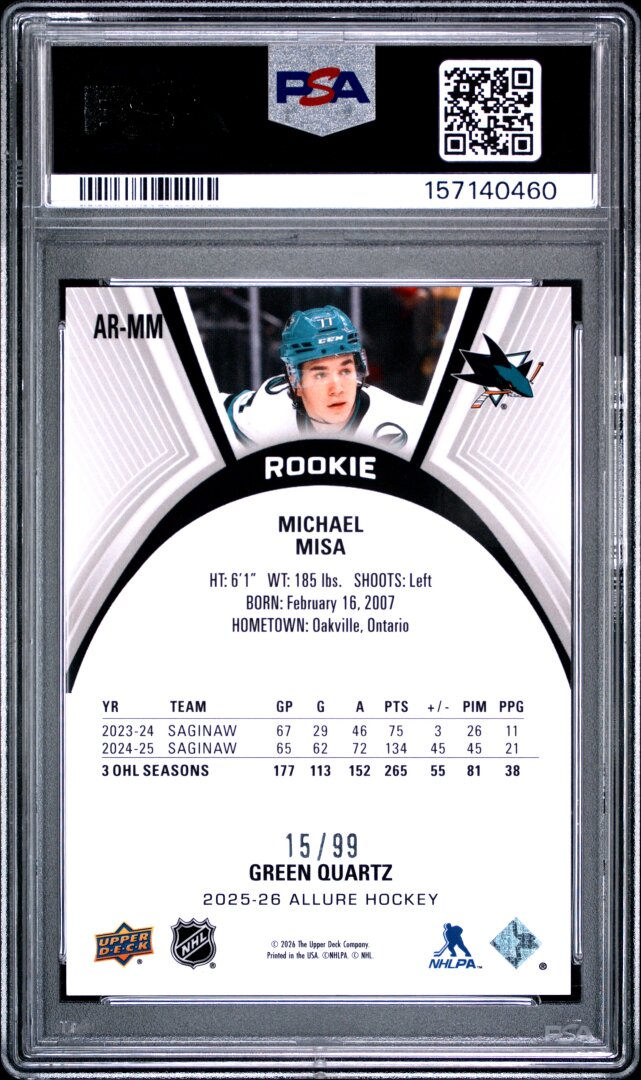 2025 Upper Deck Allure Michael Misa Extended RC Green Quartz PSA 10