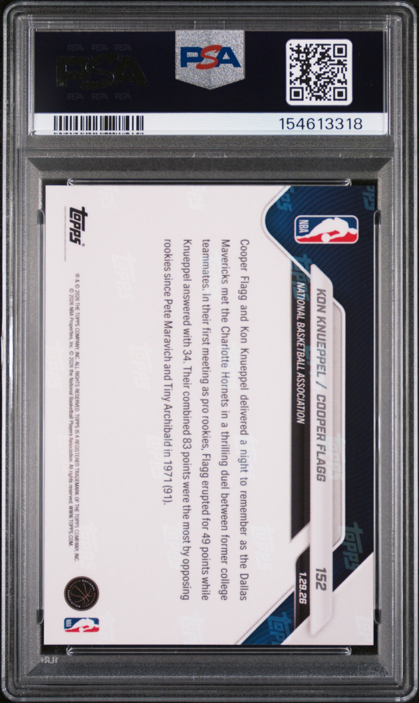 2025 TOPPS NOW 152 COOPER FLAGG/KON KNUEPPEL PSA 10 - back