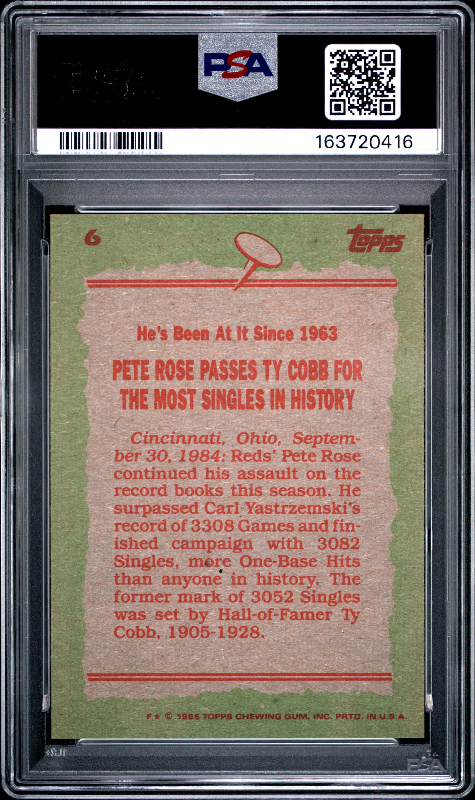1985 TOPPS 6 PETE ROSE PSA 9 - back