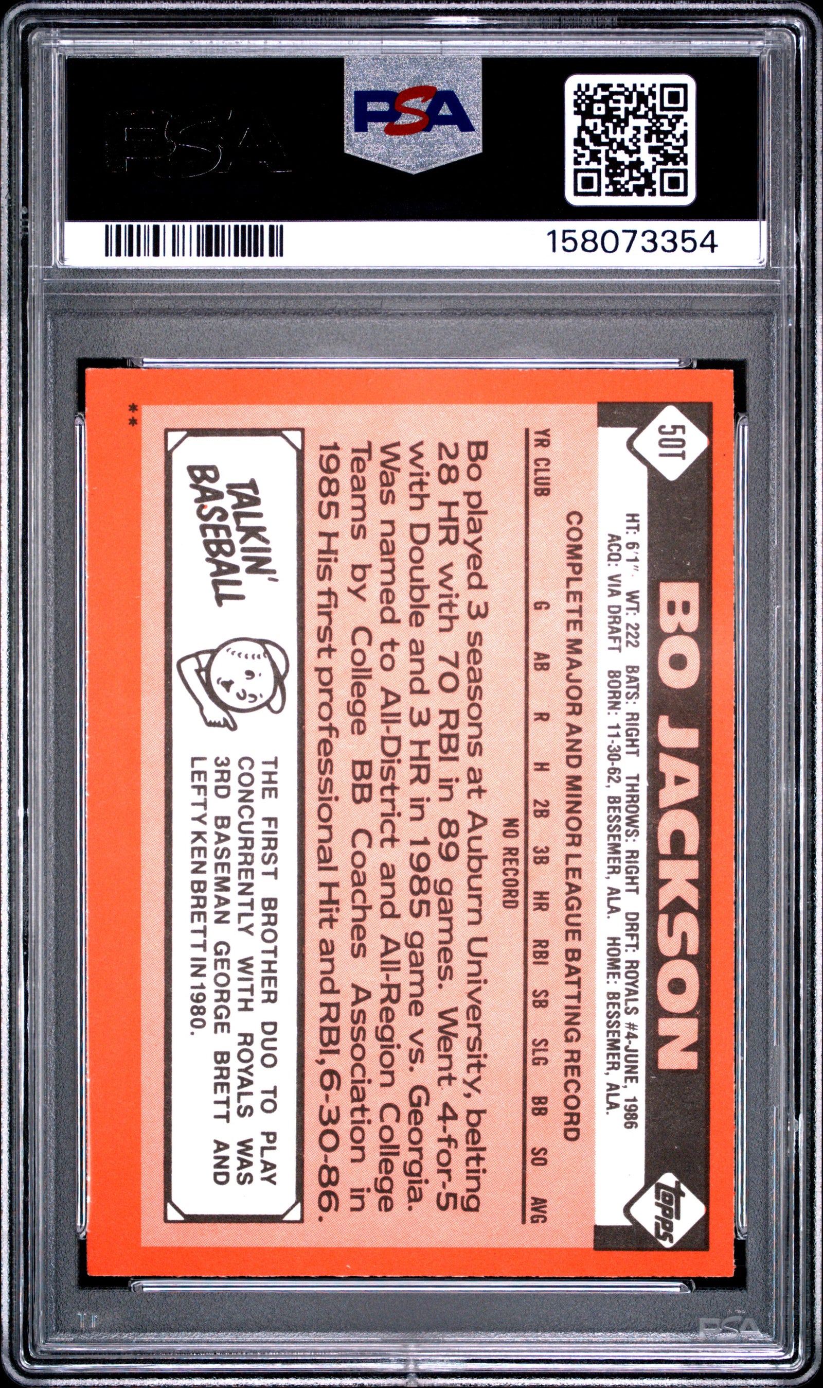 1986 TOPPS TRADED 50T BO JACKSON PSA 7 - back