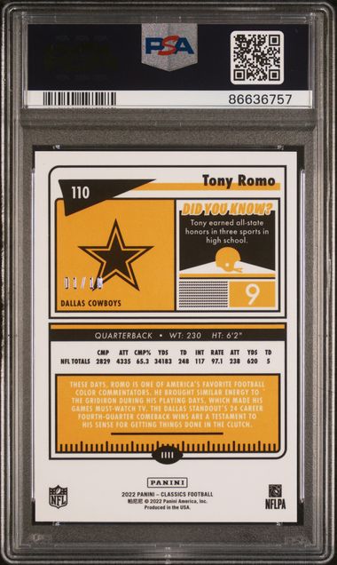 2022 Panini Classics Tony Romo Orange Lazer /10 psa 10