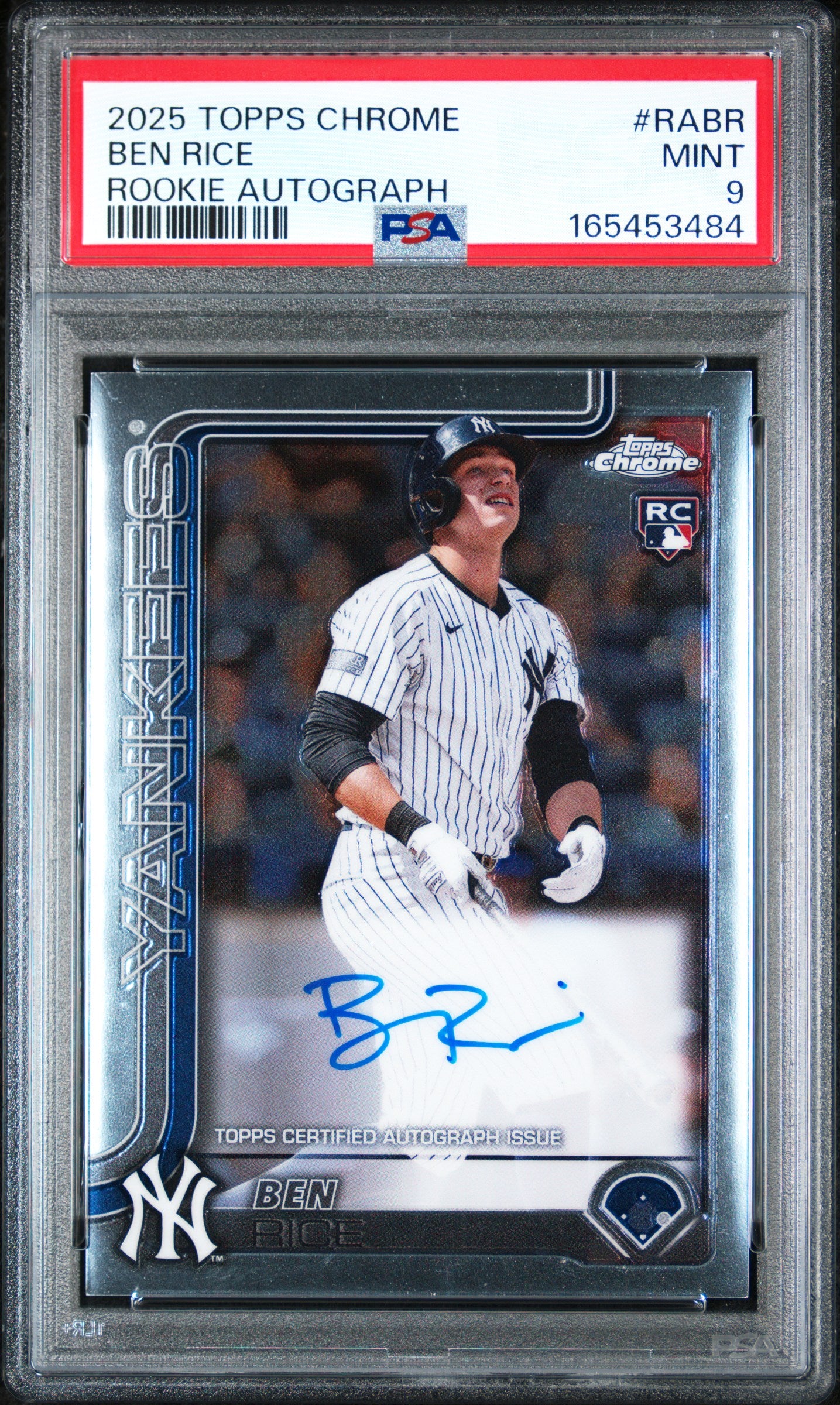 2025 TOPPS CHROME ROOKIE AUTOGRAPHS RABR BEN RICE PSA 9 - front